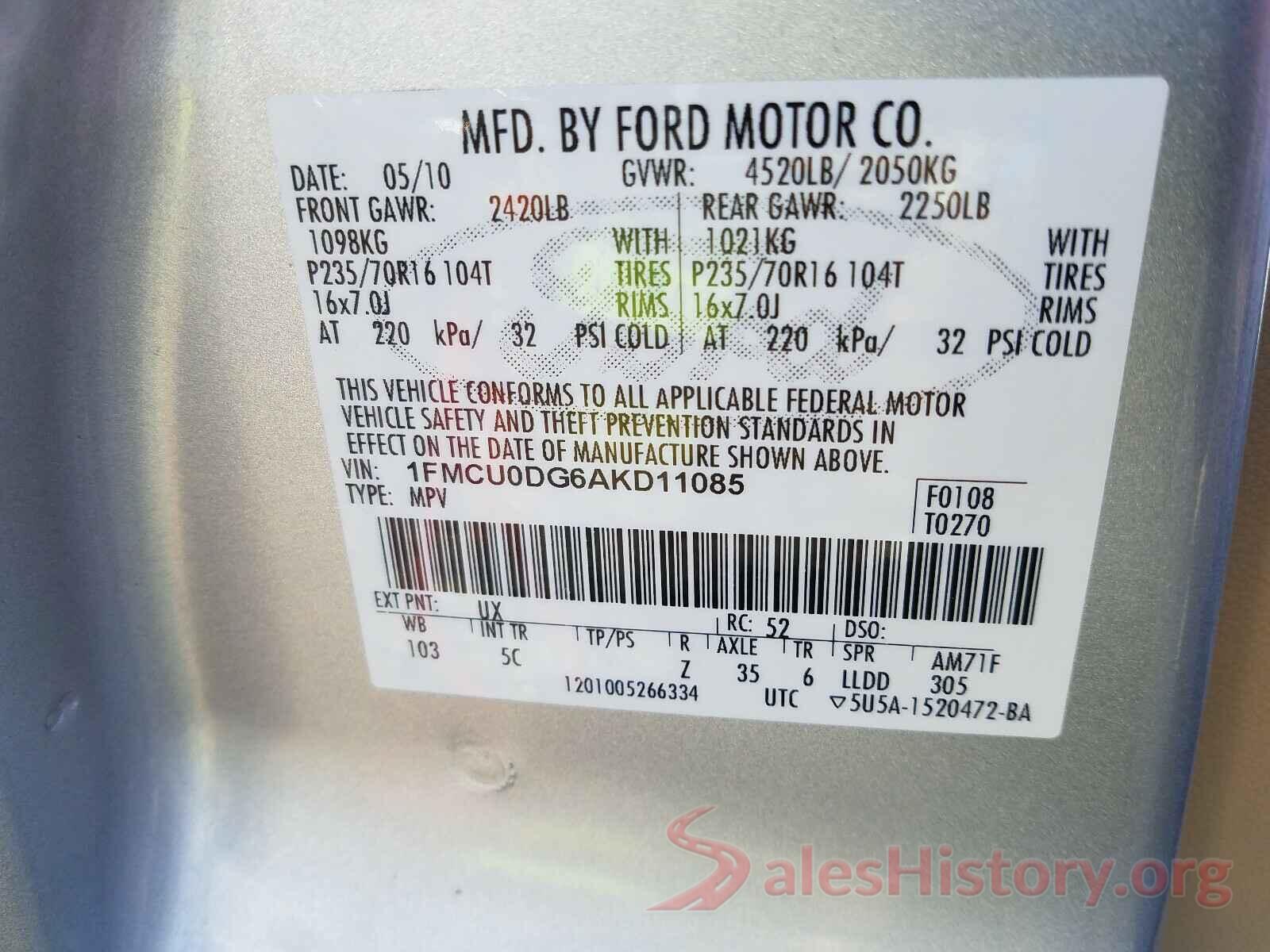 1N4AA6AP4GC395945 2010 FORD ESCAPE