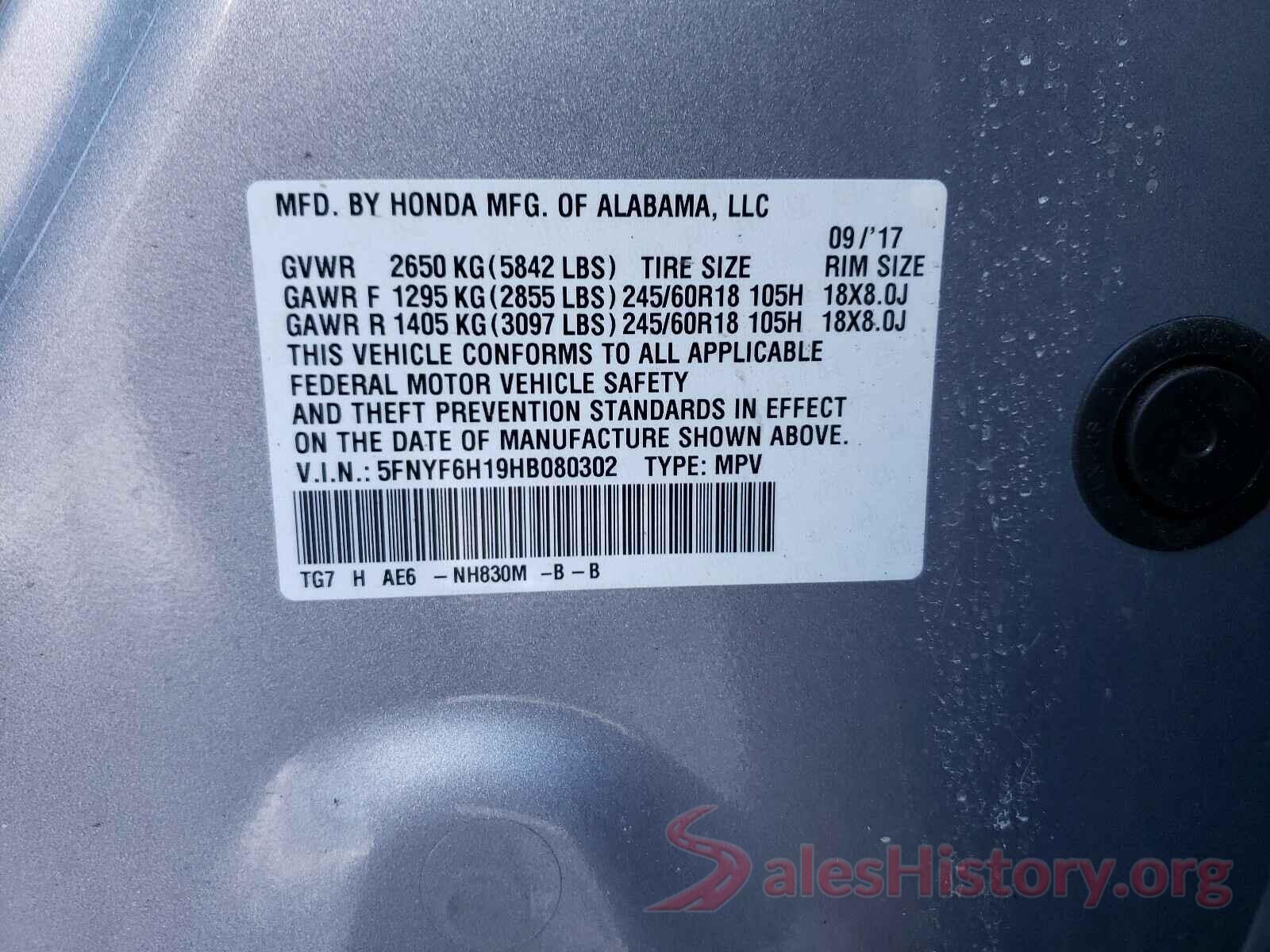 5FNYF6H19HB080302 2017 HONDA PILOT