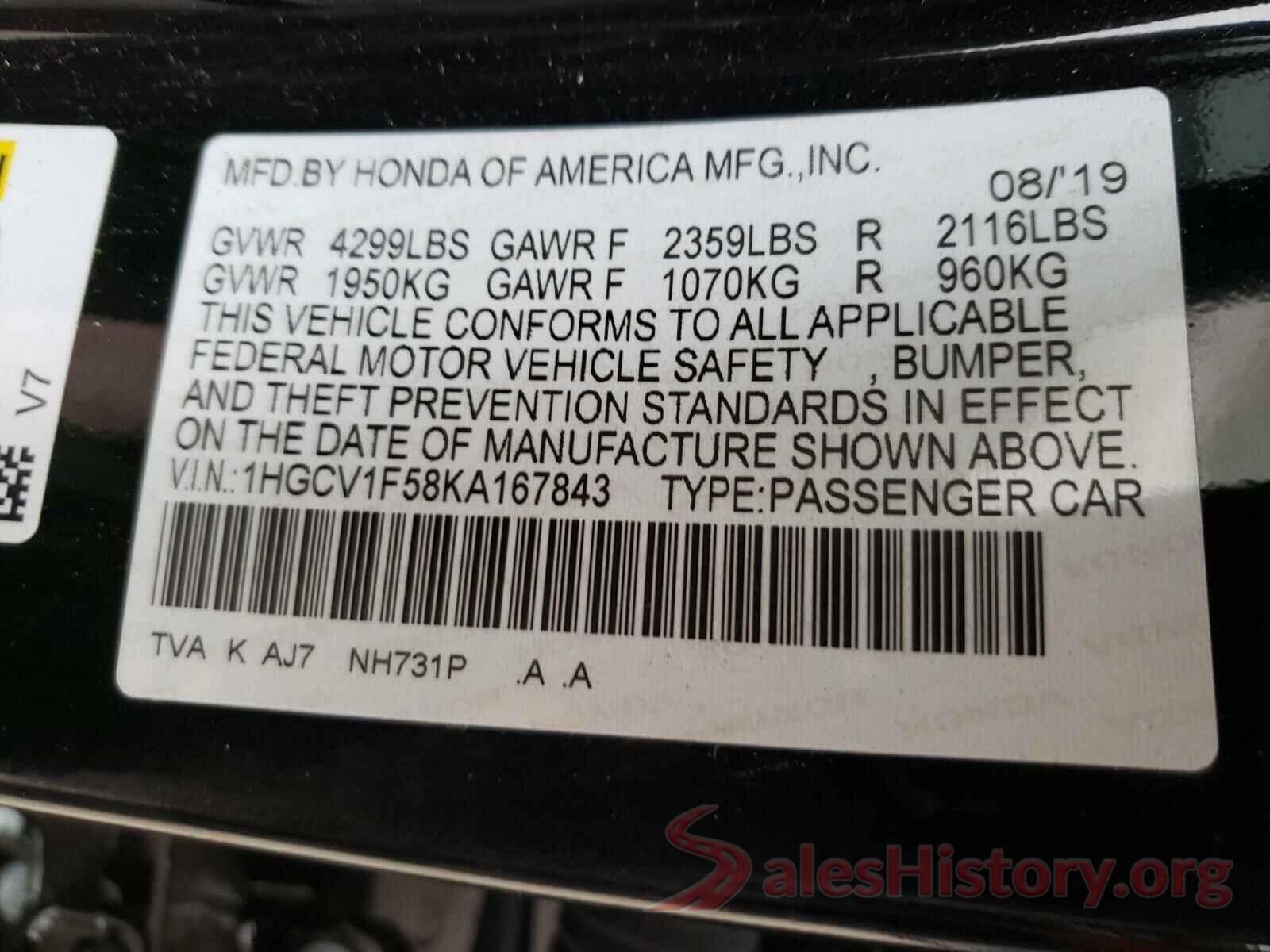 1HGCV1F58KA167843 2019 HONDA ALL OTHER