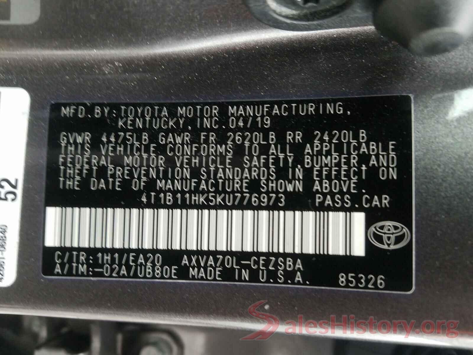 4T1B11HK5KU776973 2019 TOYOTA CAMRY