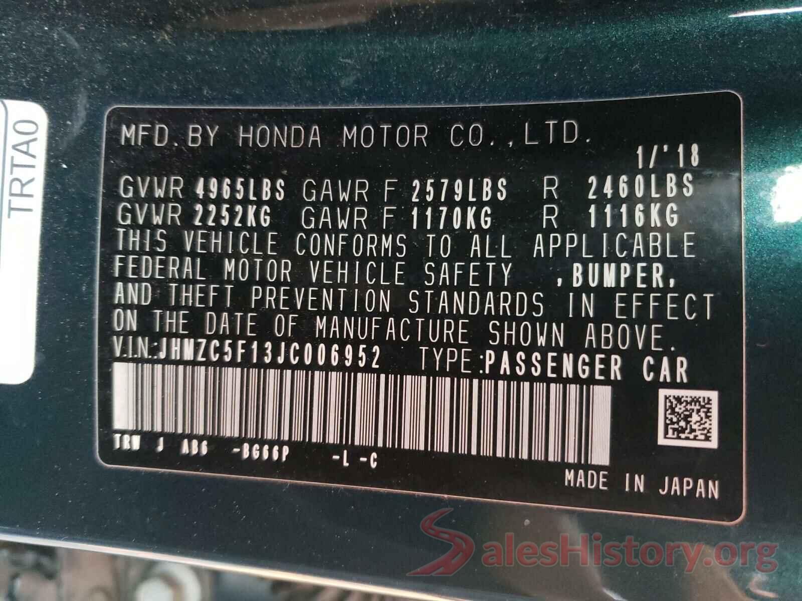 JHMZC5F13JC006952 2018 HONDA CLARITY