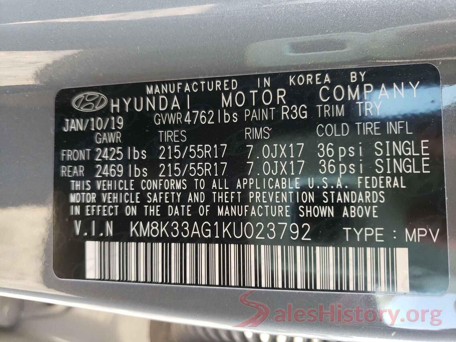 KM8K33AG1KU023792 2019 HYUNDAI KONA