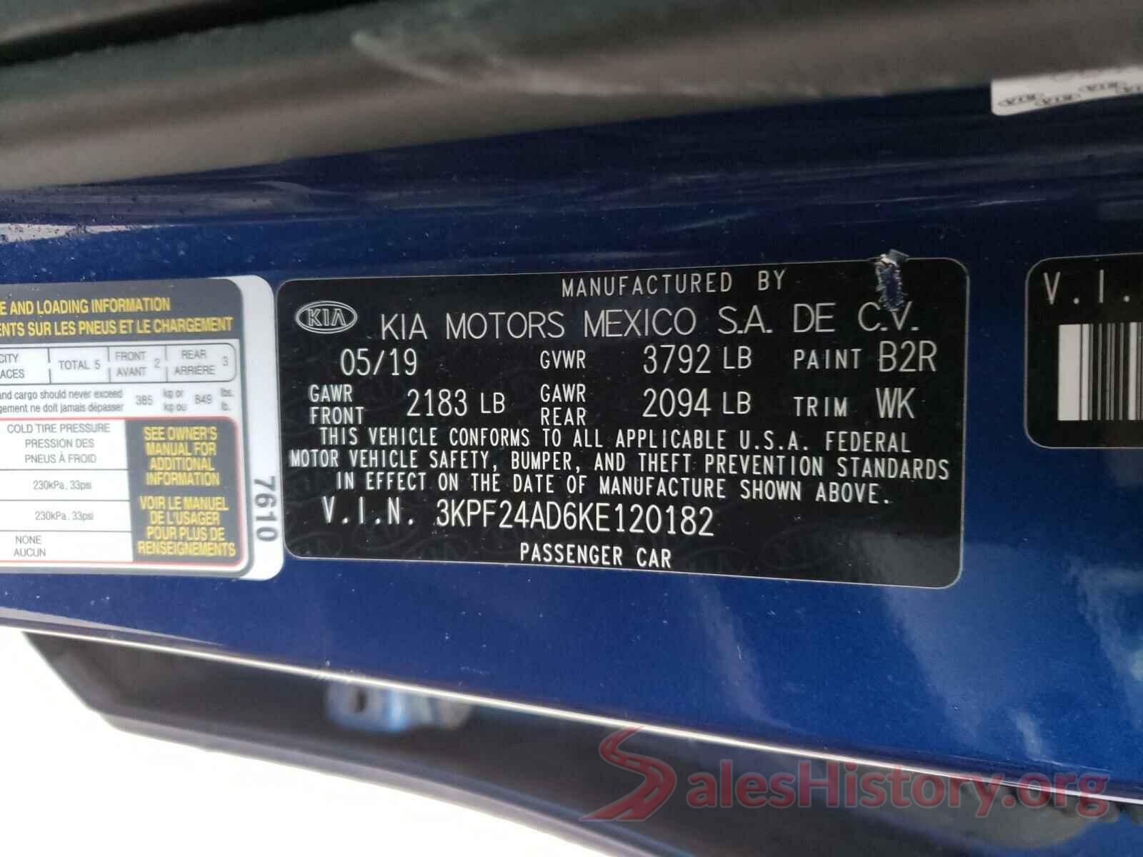 3KPF24AD6KE120182 2019 KIA FORTE