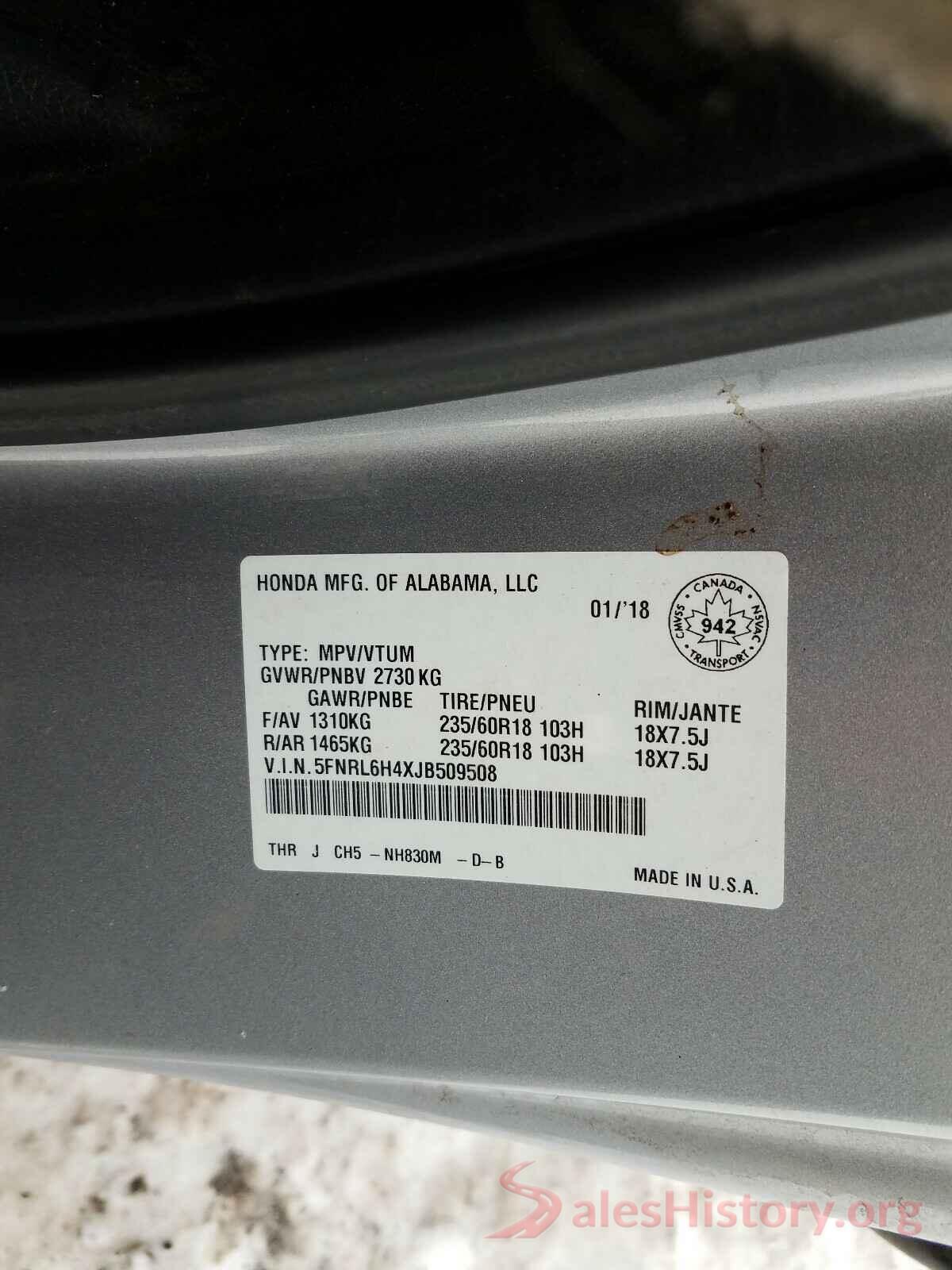 5FNRL6H4XJB509508 2018 HONDA ODYSSEY