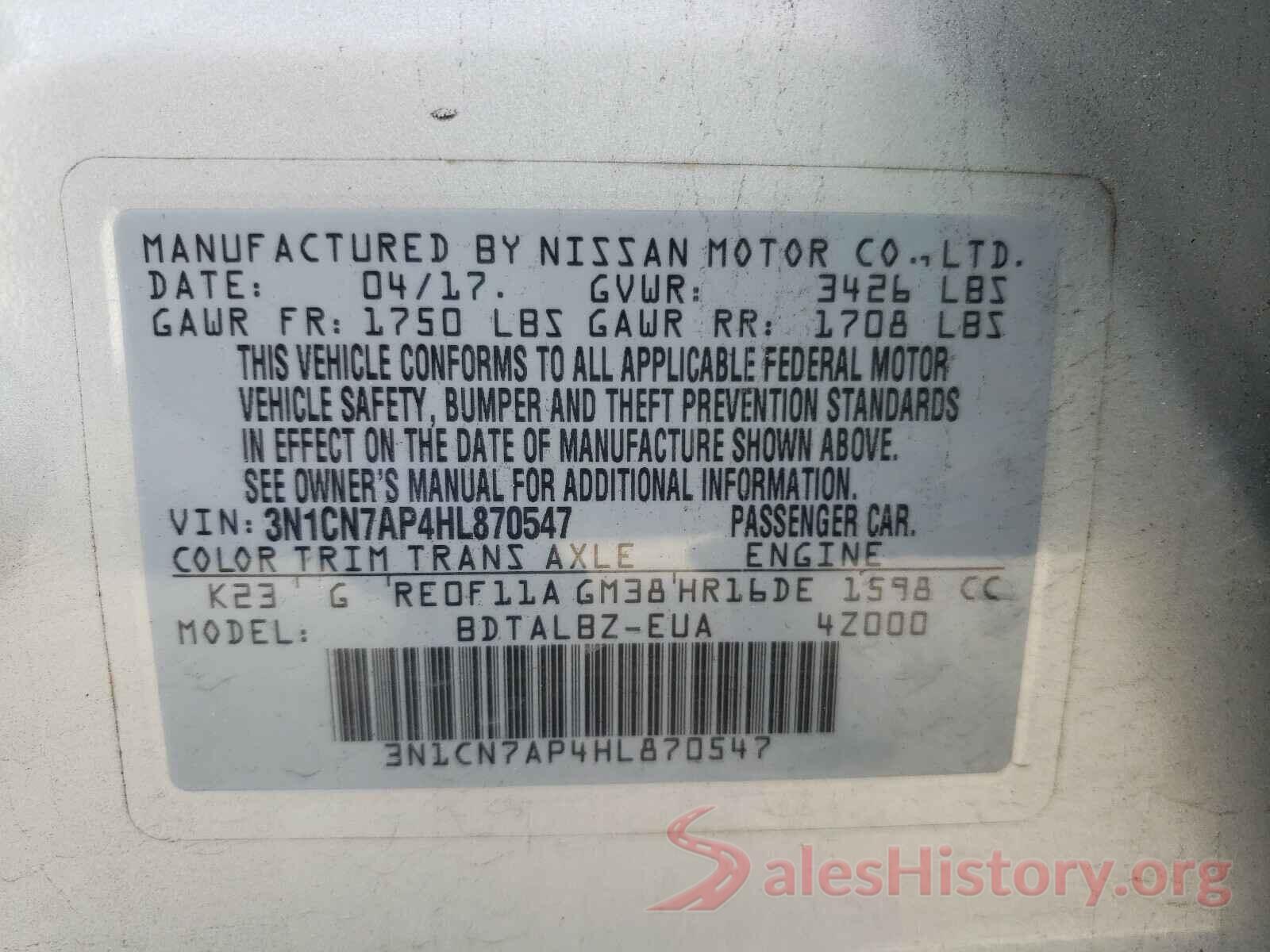 3N1CN7AP4HL870547 2017 NISSAN VERSA