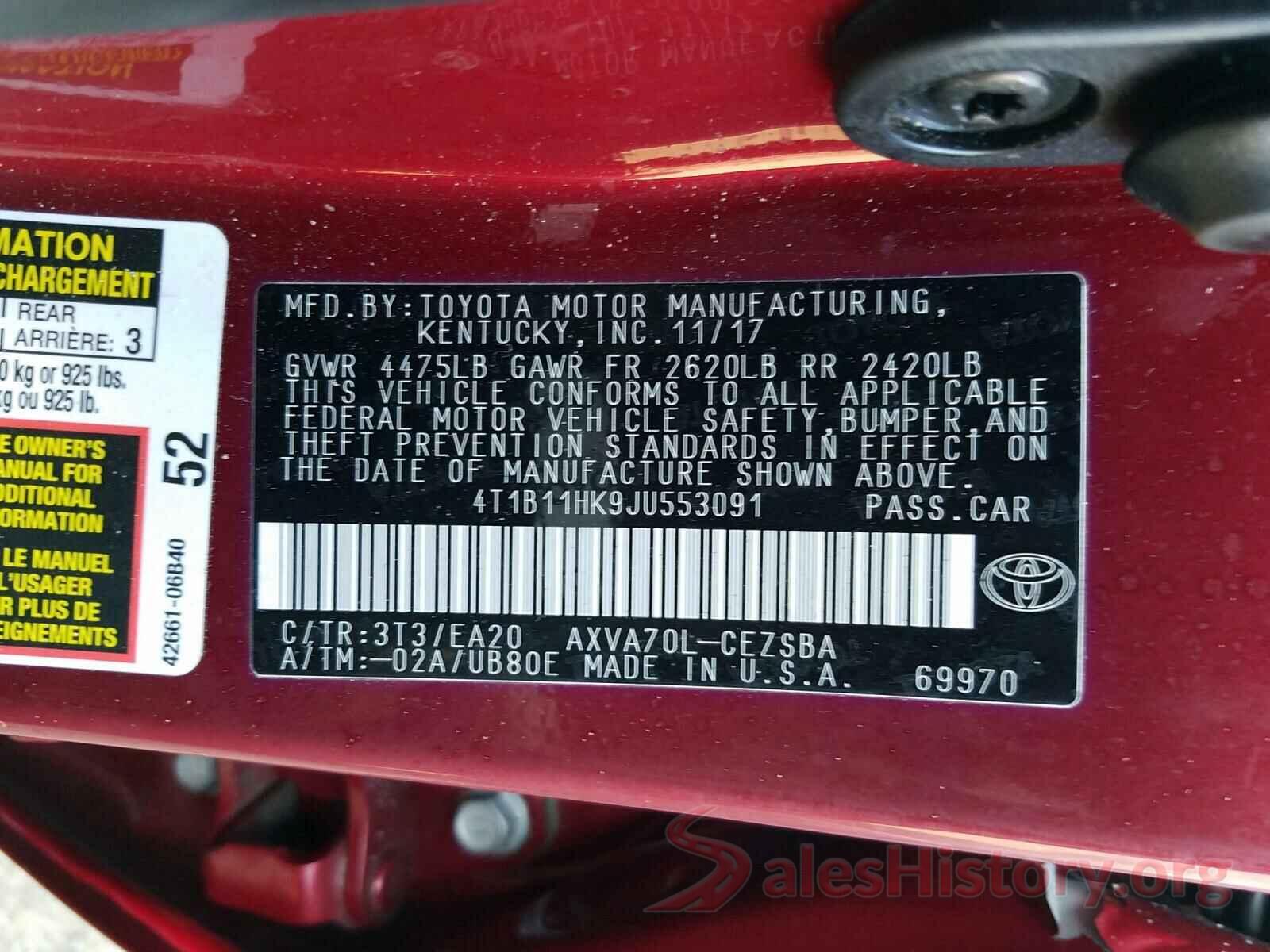 4T1B11HK9JU553091 2018 TOYOTA CAMRY