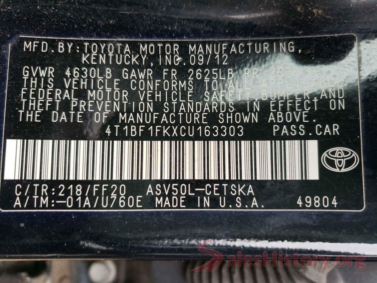 5TFRX5GN9HX099373 2012 TOYOTA CAMRY