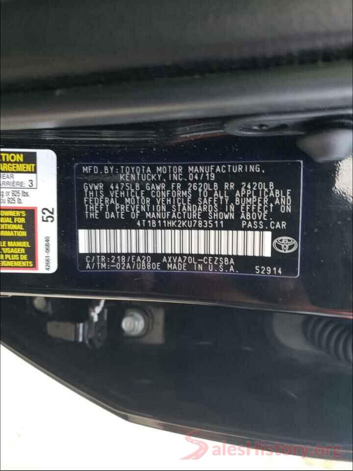 4T1B11HK2KU783511 2019 TOYOTA CAMRY