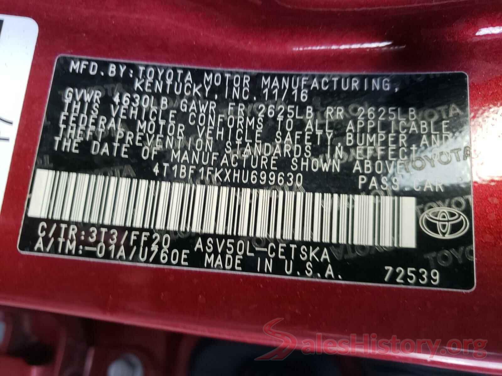 4T1BF1FKXHU699630 2017 TOYOTA CAMRY