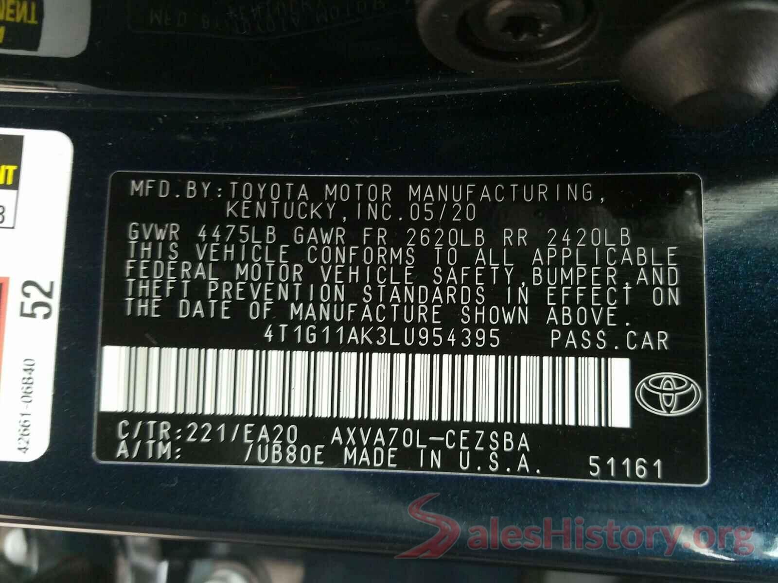 4T1G11AK3LU954395 2020 TOYOTA CAMRY