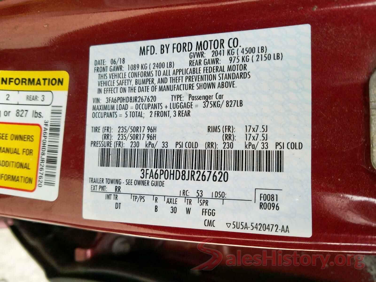 3FA6P0HD8JR267620 2018 FORD FUSION