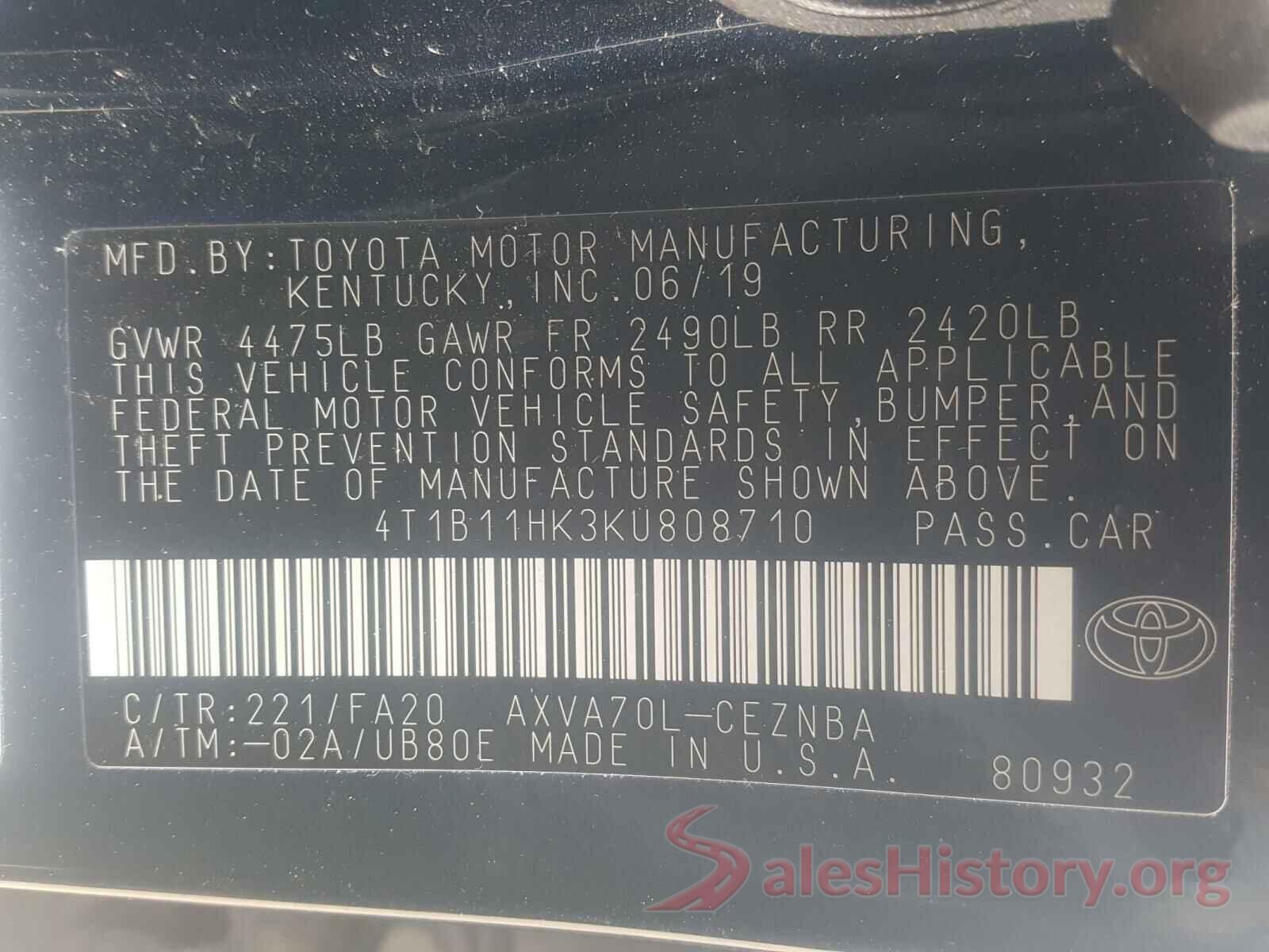 4T1B11HK3KU808710 2019 TOYOTA CAMRY