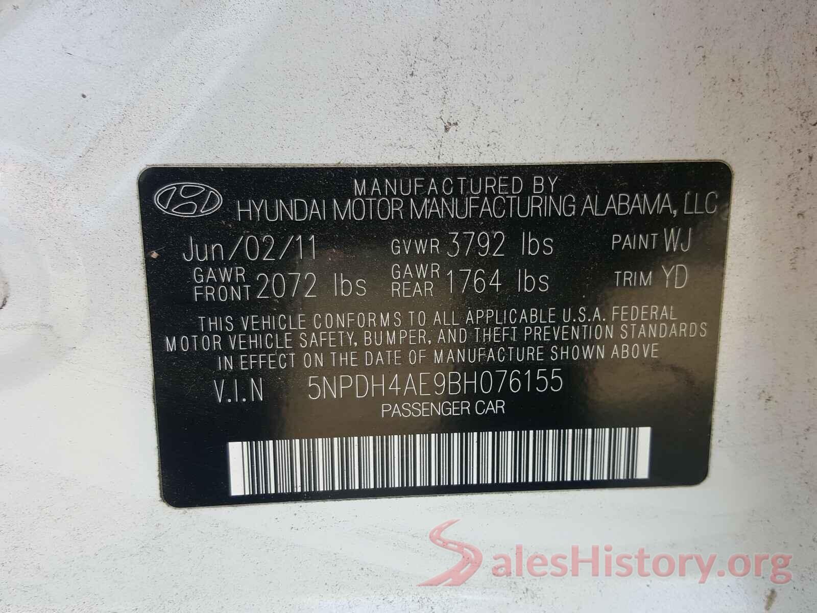 3KPFK4A77HE040893 2011 HYUNDAI ELANTRA