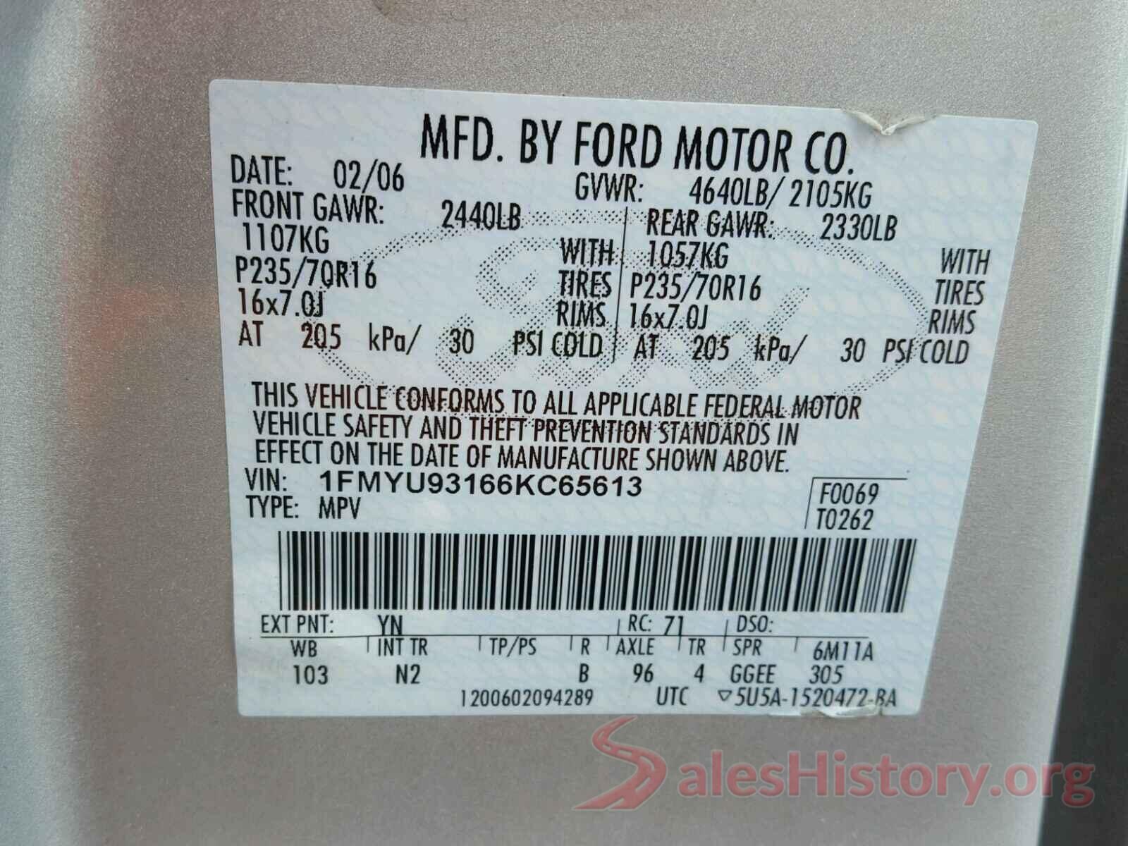 3TMCZ5AN9KM210347 2006 FORD ESCAPE