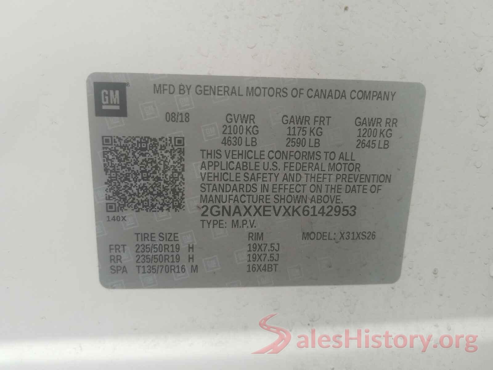 2GNAXXEVXK6142953 2019 CHEVROLET EQUINOX