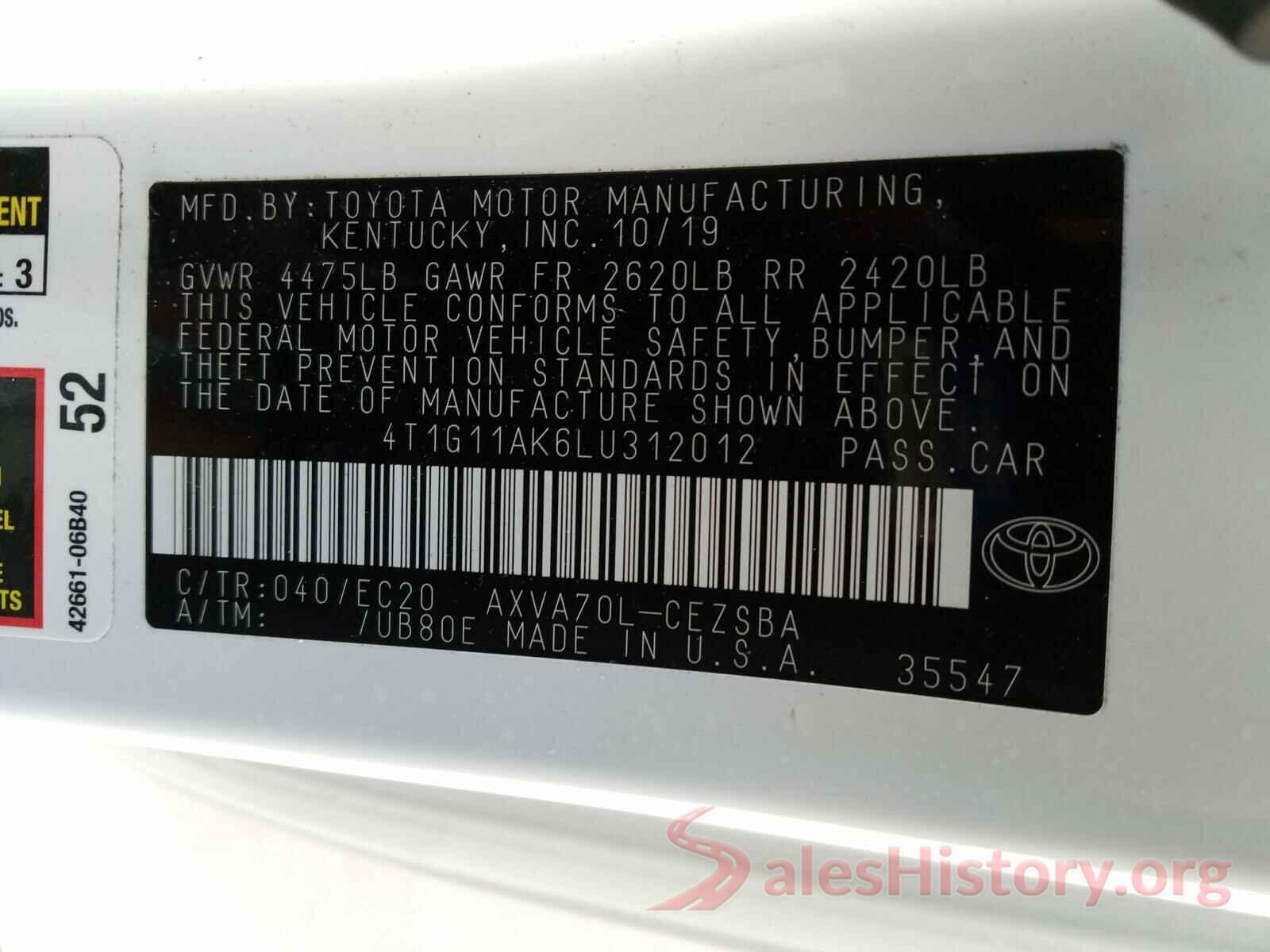 4T1G11AK6LU312012 2020 TOYOTA CAMRY