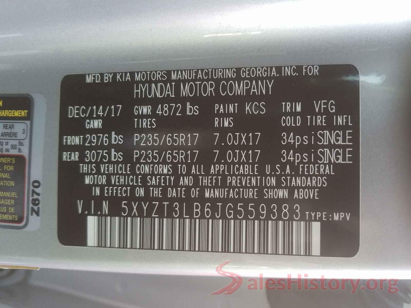 5XYZT3LB6JG559383 2018 HYUNDAI SANTA FE