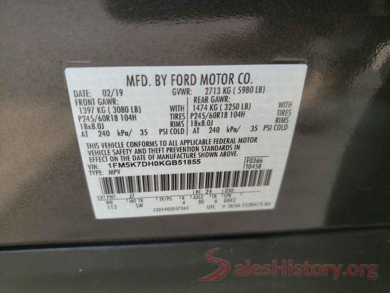 1FM5K7DH0KGB51855 2019 FORD EXPLORER