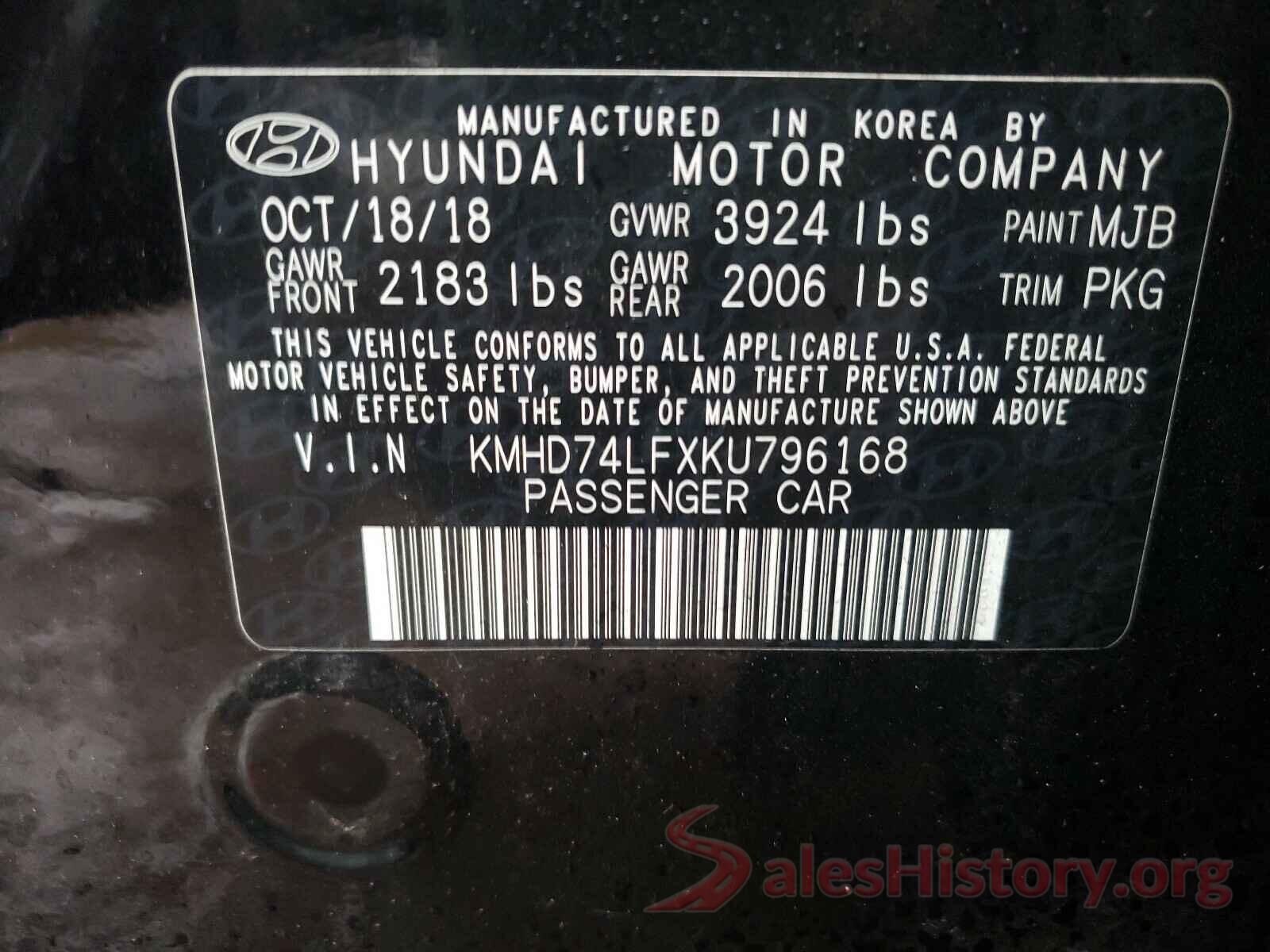 KMHD74LFXKU796168 2019 HYUNDAI ELANTRA