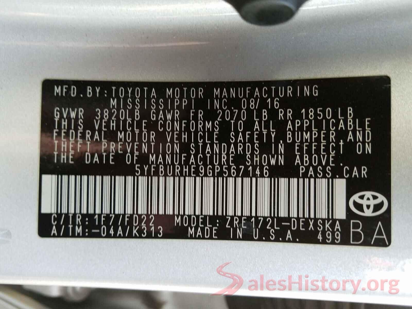 5YFBURHE9GP567146 2016 TOYOTA COROLLA