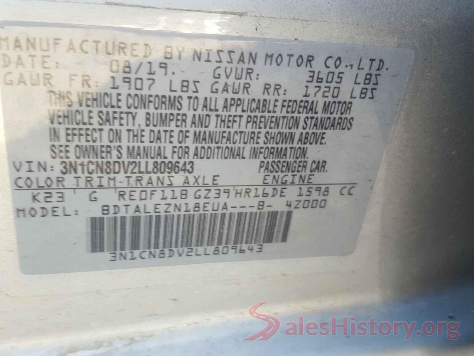 3N1CN8DV2LL809643 2020 NISSAN VERSA