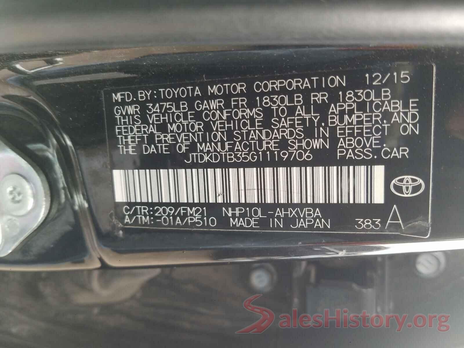 JTDKDTB35G1119706 2016 TOYOTA PRIUS