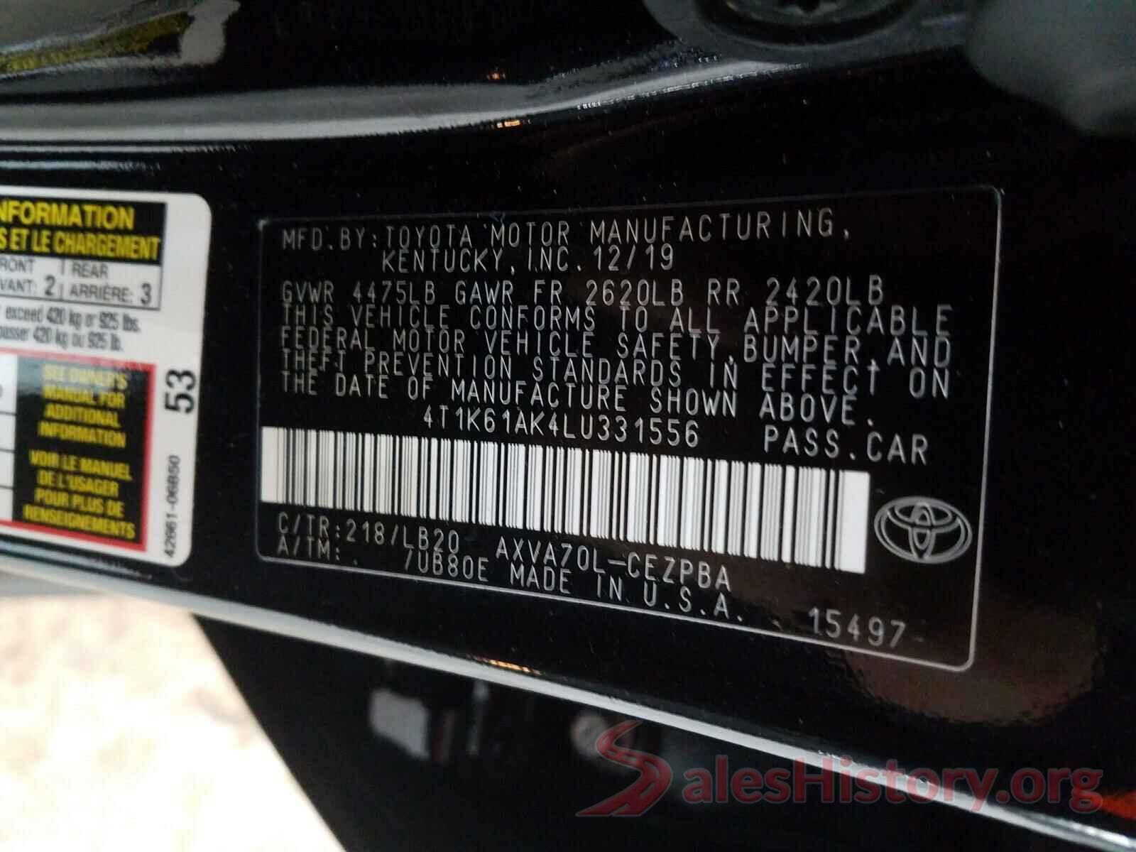 4T1K61AK4LU331556 2020 TOYOTA CAMRY