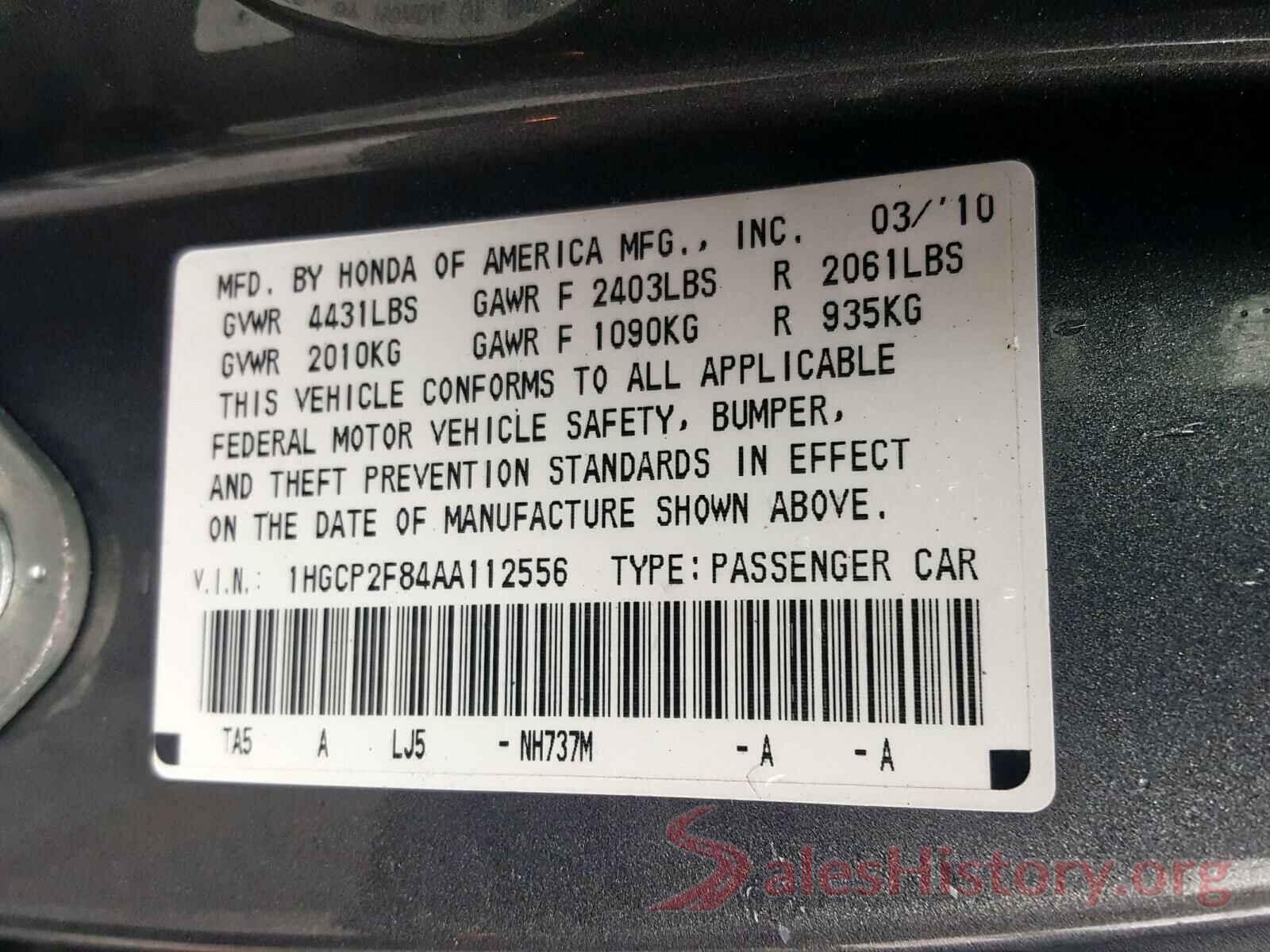 5NPD84LF0KH439478 2010 HONDA ACCORD