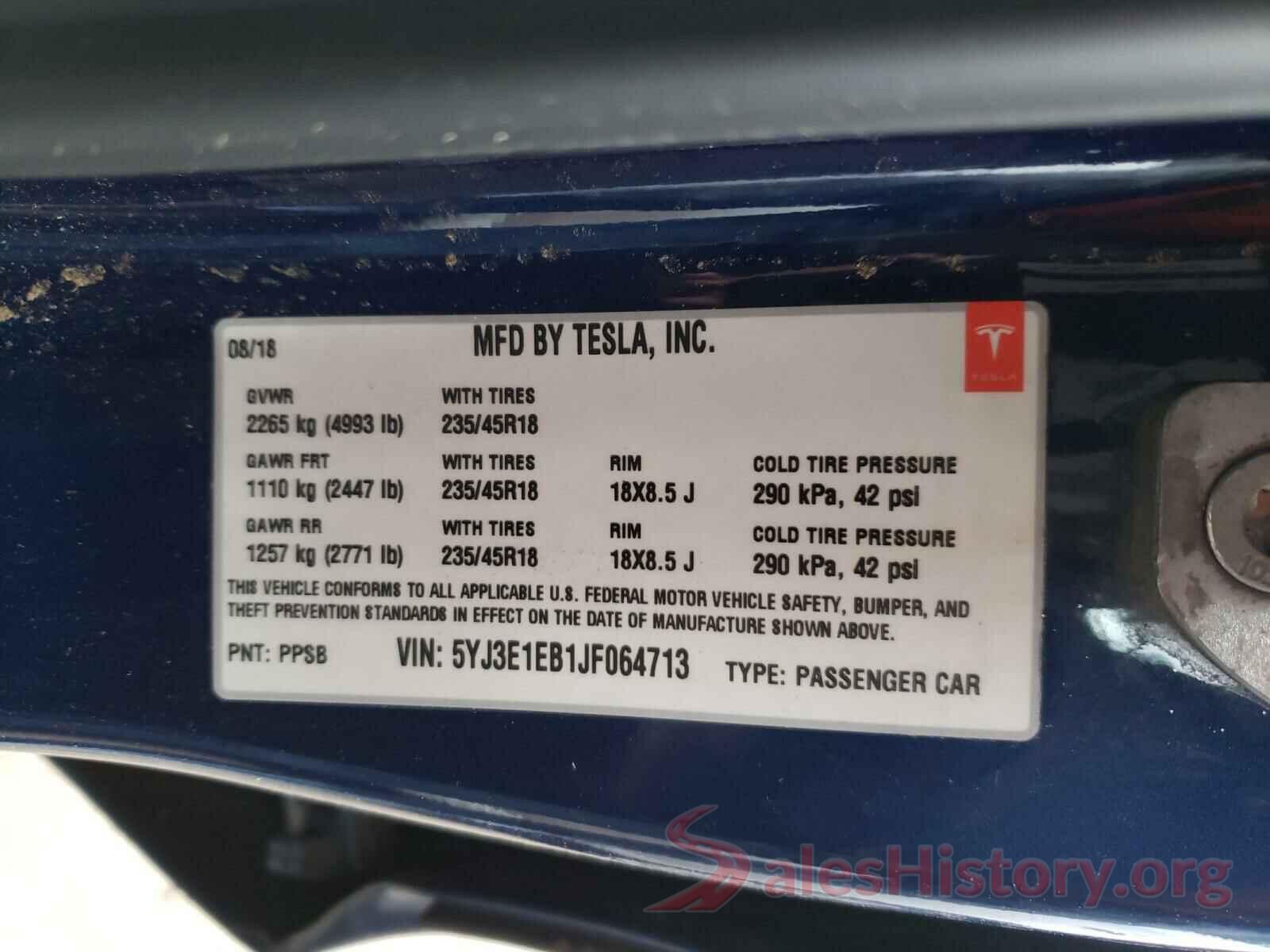 5YJ3E1EB1JF064713 2018 TESLA MODEL 3