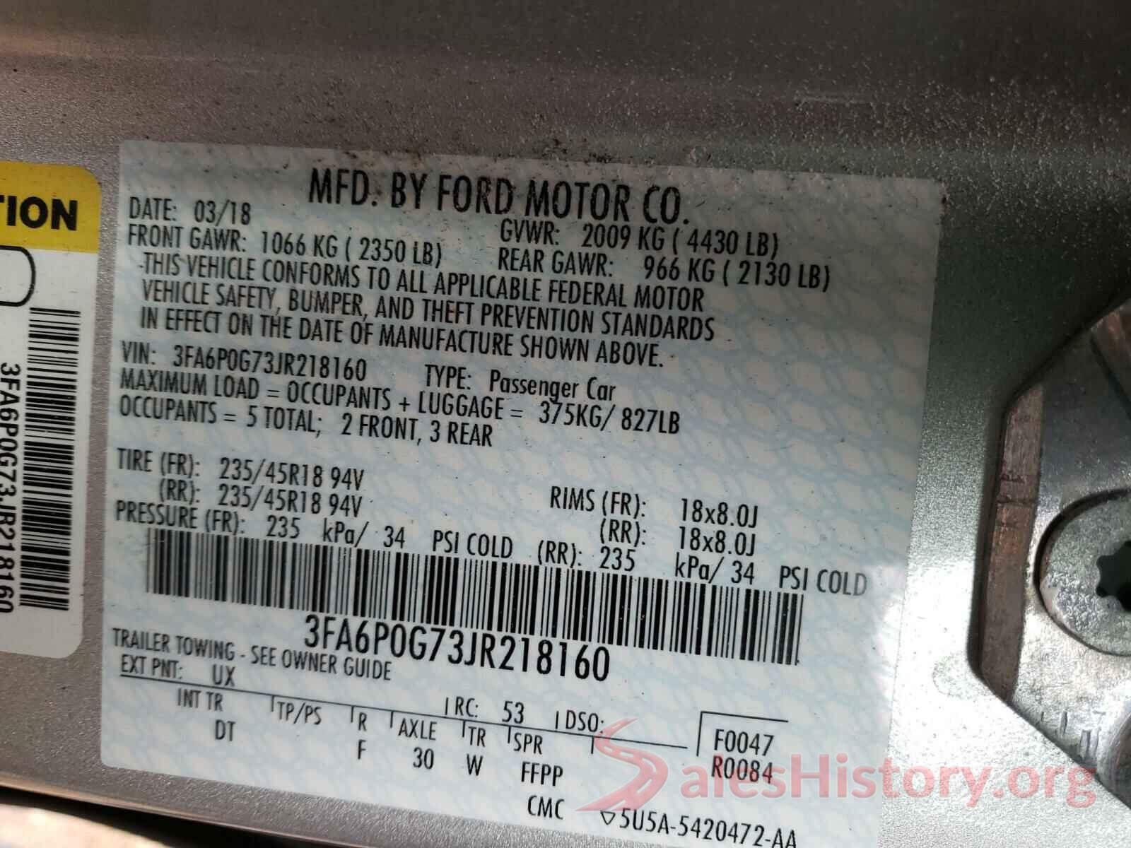 3FA6P0G73JR218160 2018 FORD FUSION