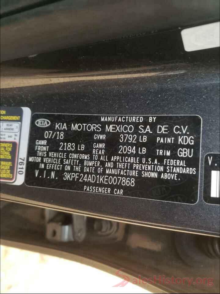 3KPF24AD1KE007868 2019 KIA FORTE