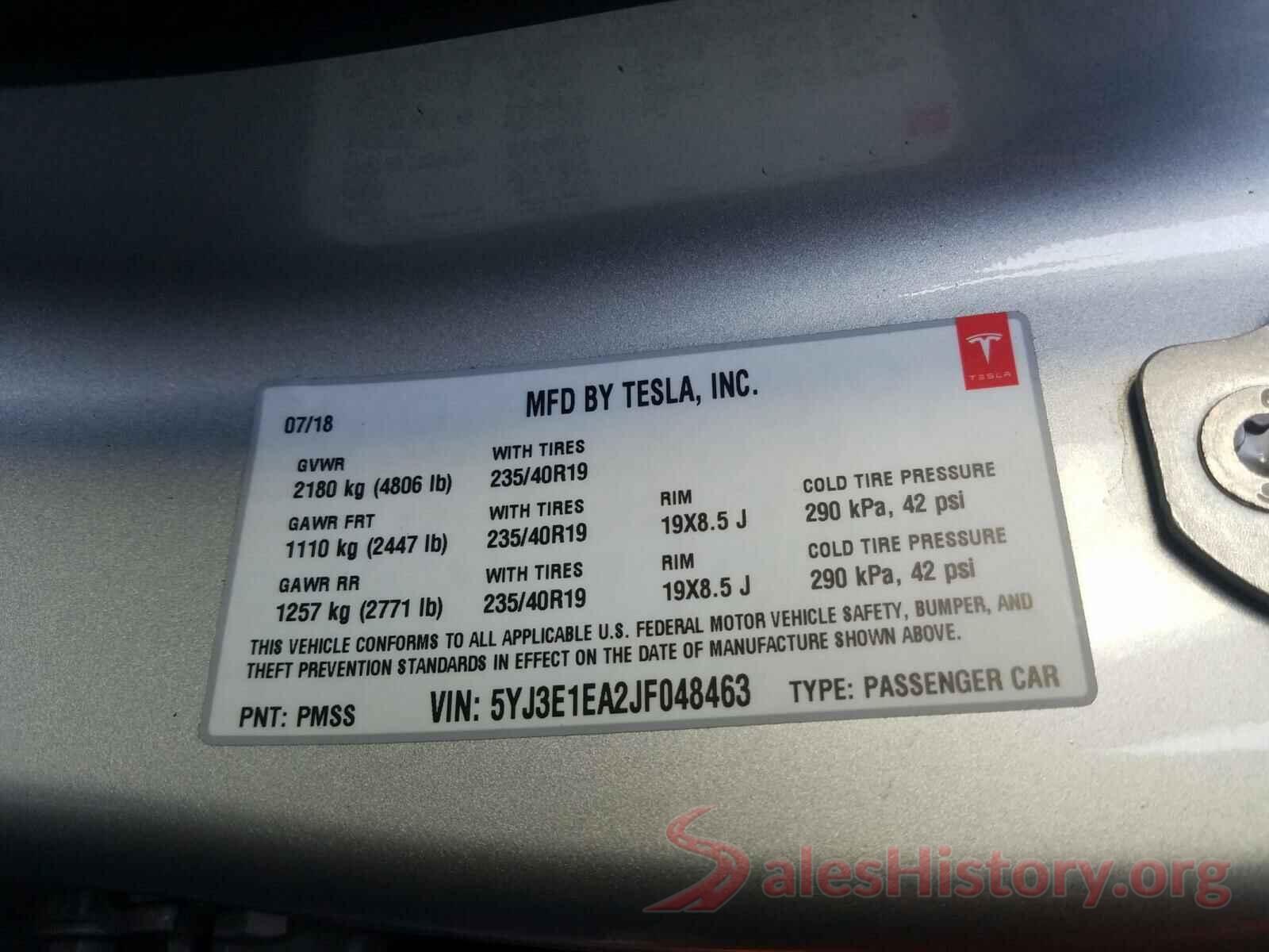 5YJ3E1EA2JF048463 2018 TESLA MODEL 3