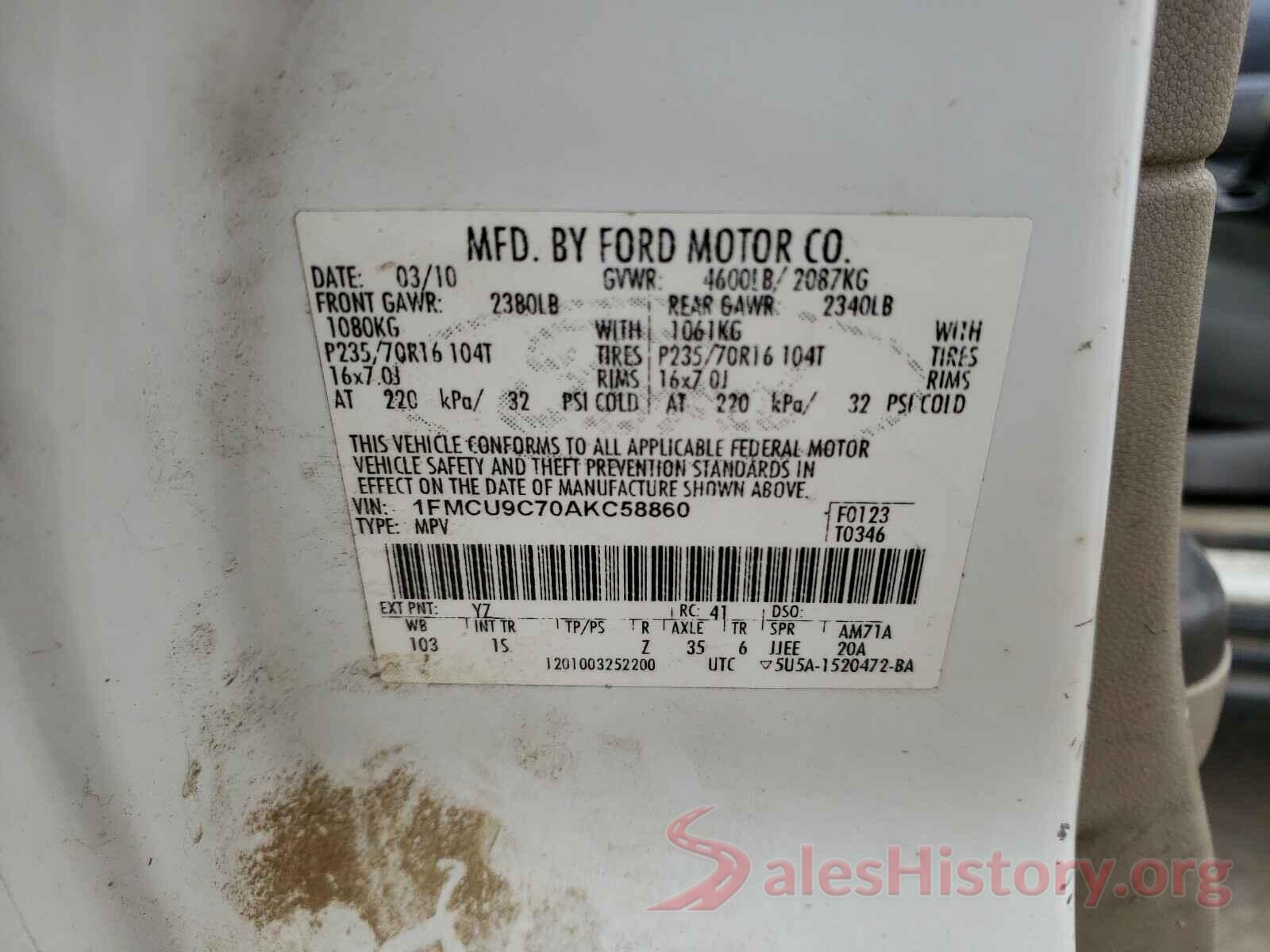 19XFC2F53JE020848 2010 FORD ESCAPE