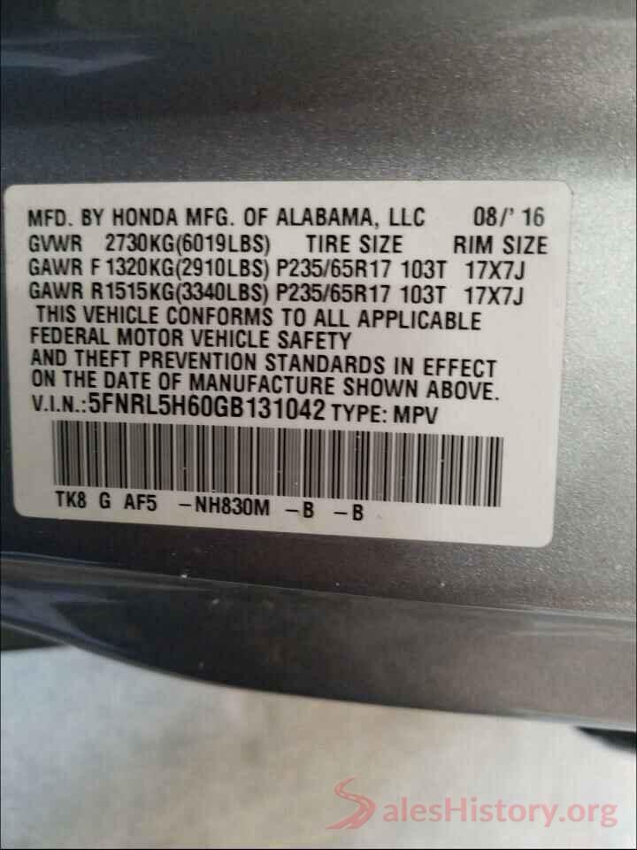 5FNRL5H60GB131042 2016 HONDA ODYSSEY