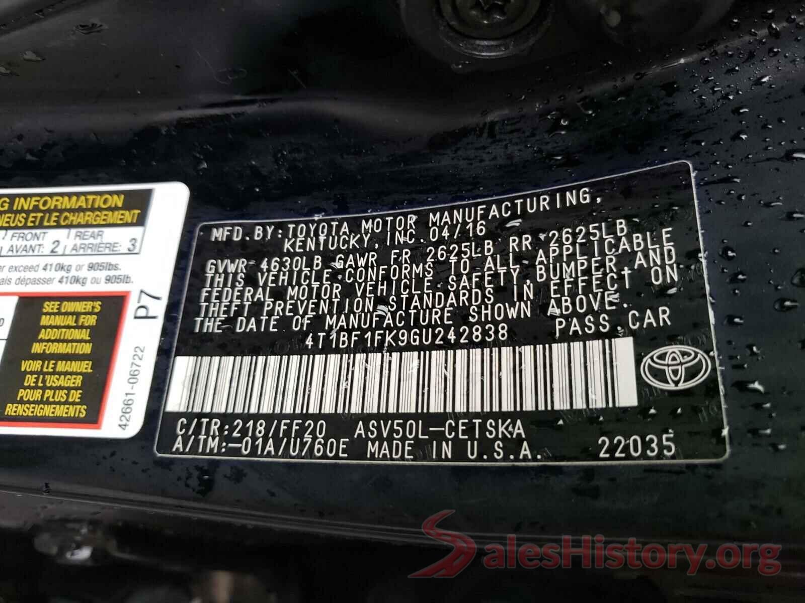 4T1BF1FK9GU242838 2016 TOYOTA CAMRY