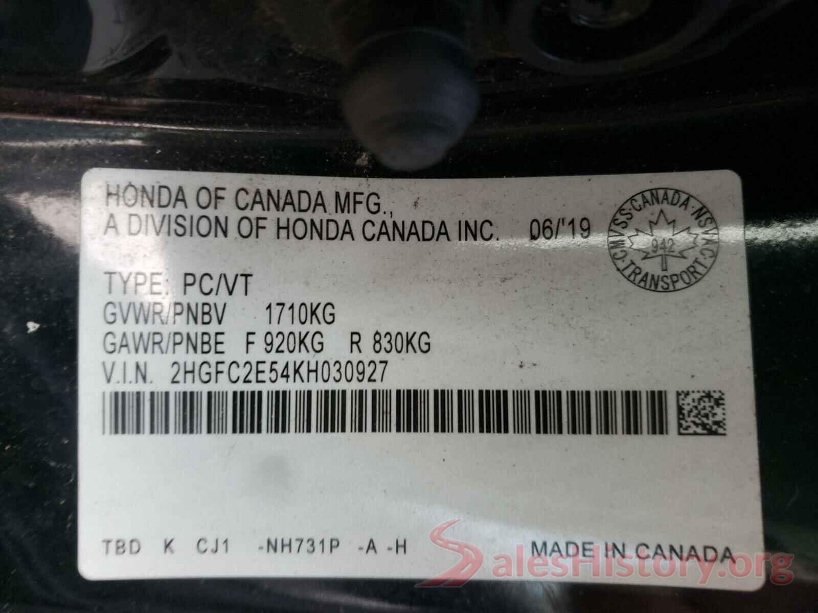 2HGFC2E54KH030927 2019 HONDA CIVIC