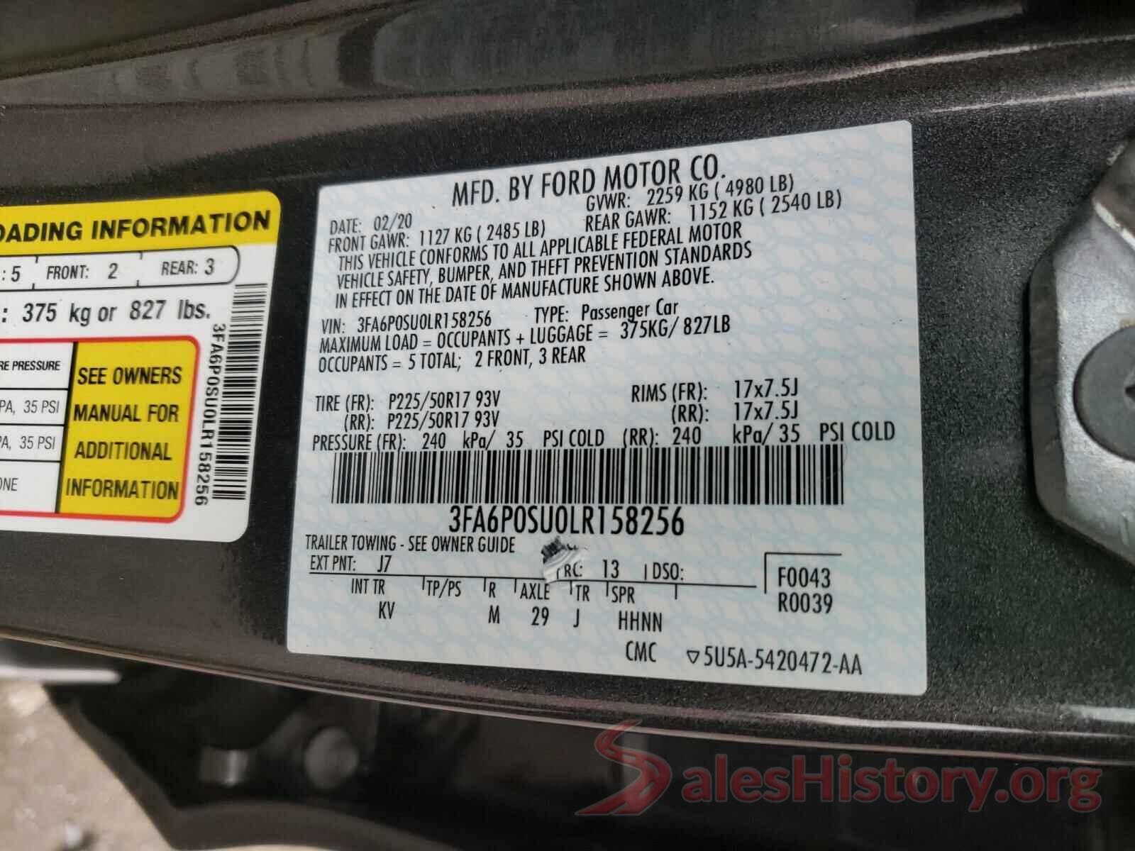 3FA6P0SU0LR158256 2020 FORD FUSION