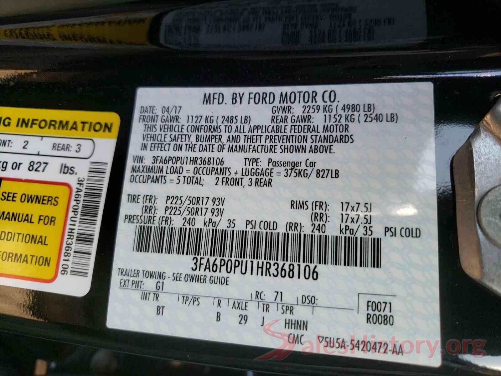 3FA6P0PU1HR368106 2017 FORD FUSION