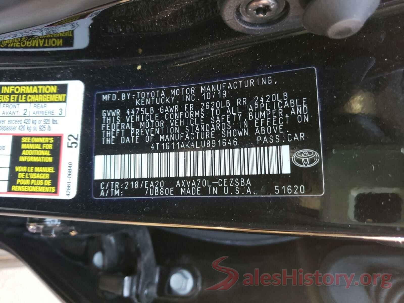 4T1G11AK4LU891646 2020 TOYOTA CAMRY