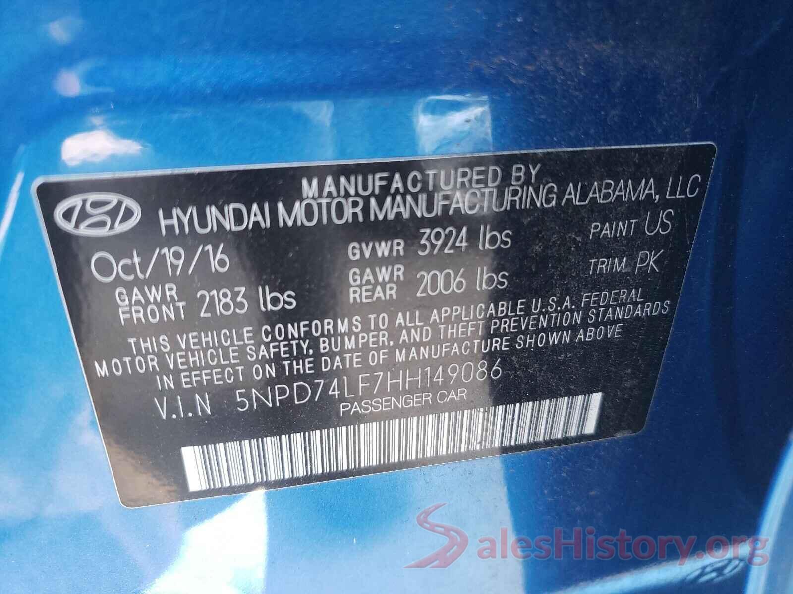 5NPD74LF7HH149086 2017 HYUNDAI ELANTRA