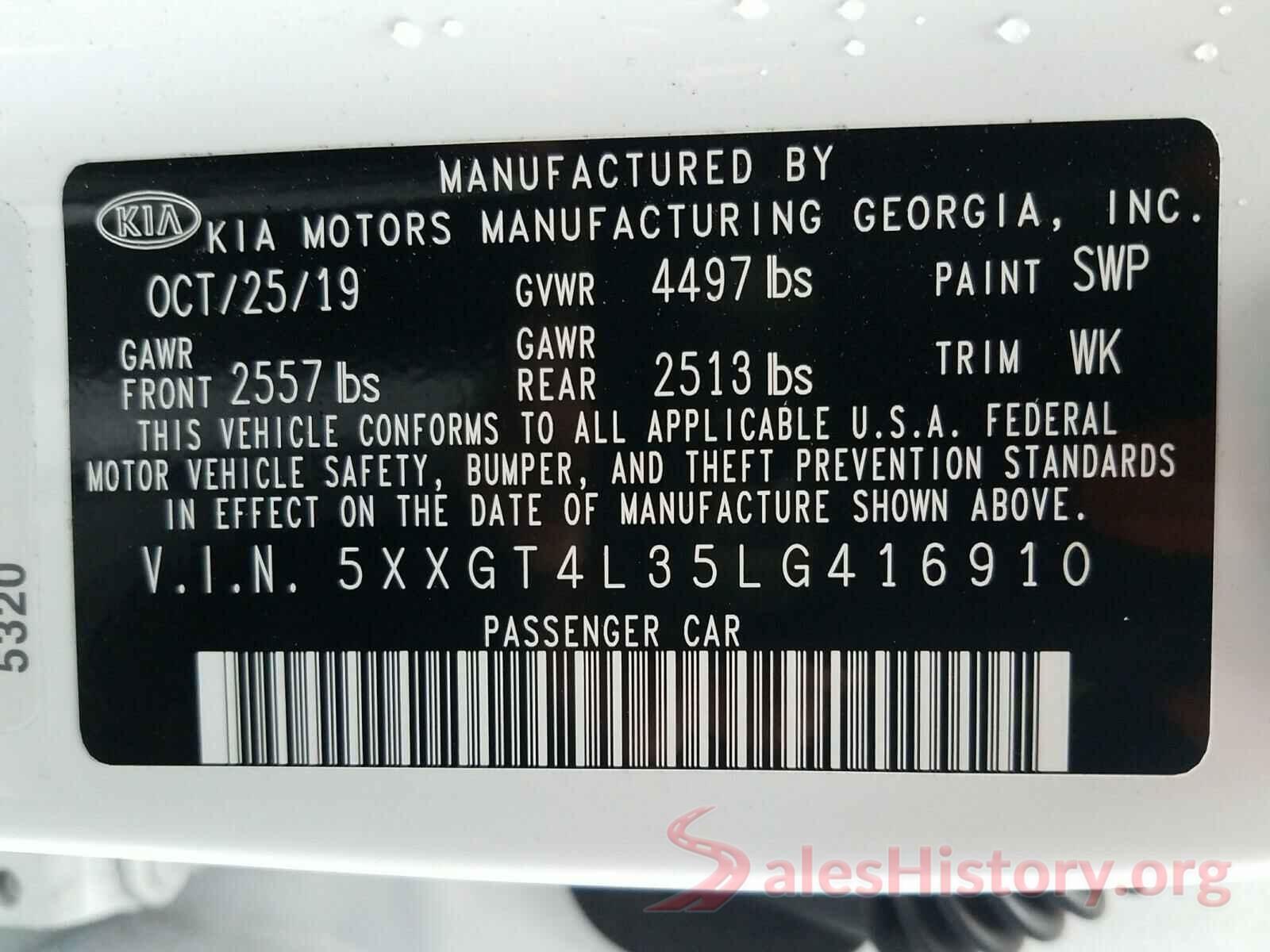 5XXGT4L35LG416910 2020 KIA OPTIMA