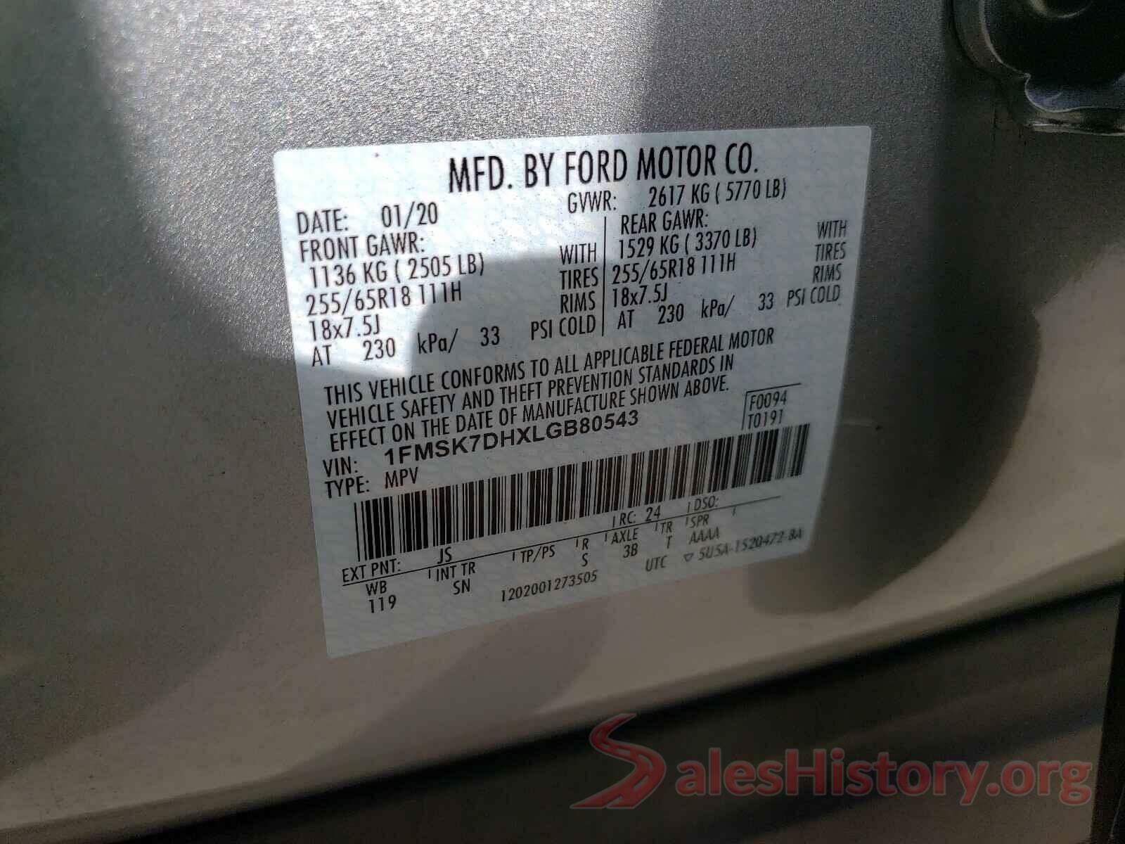 1FMSK7DHXLGB80543 2020 FORD EXPLORER