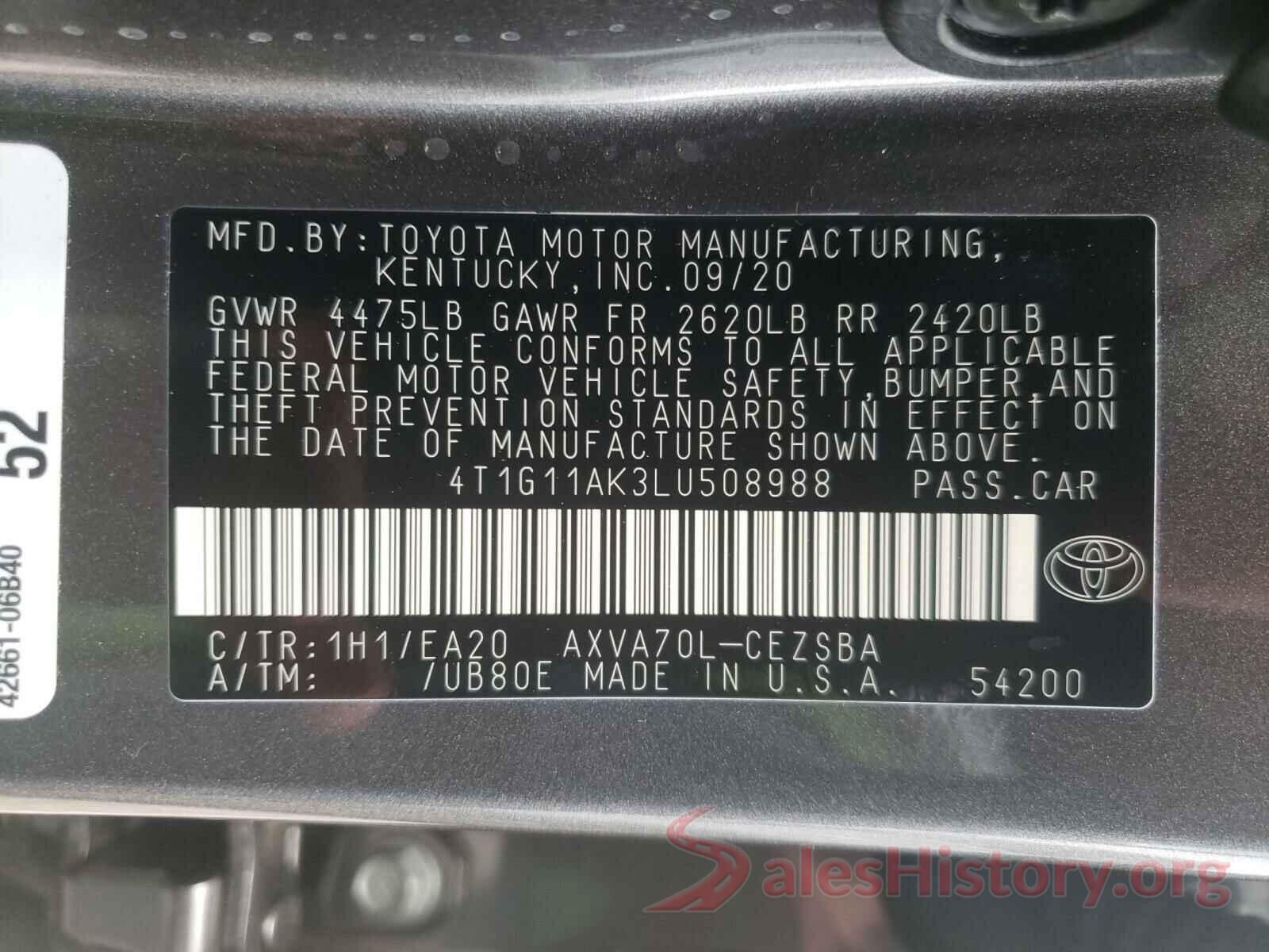 4T1G11AK3LU508988 2020 TOYOTA CAMRY