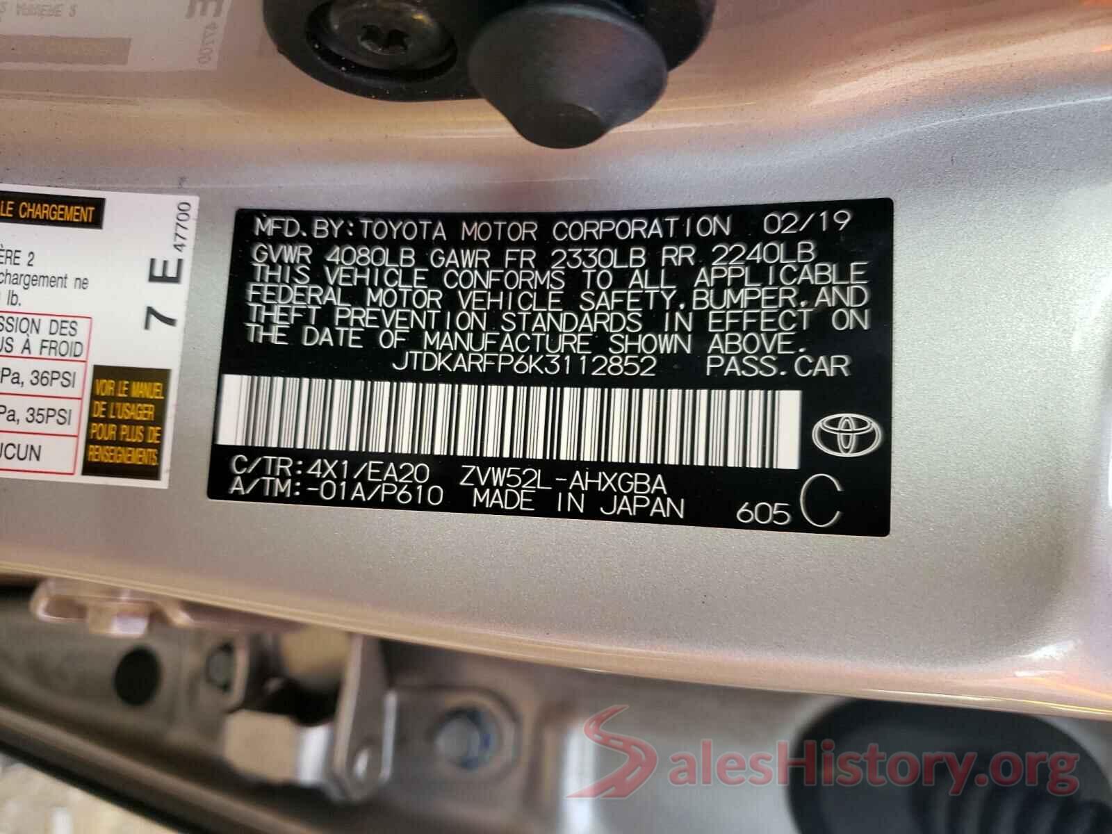 JTDKARFP6K3112852 2019 TOYOTA PRIUS