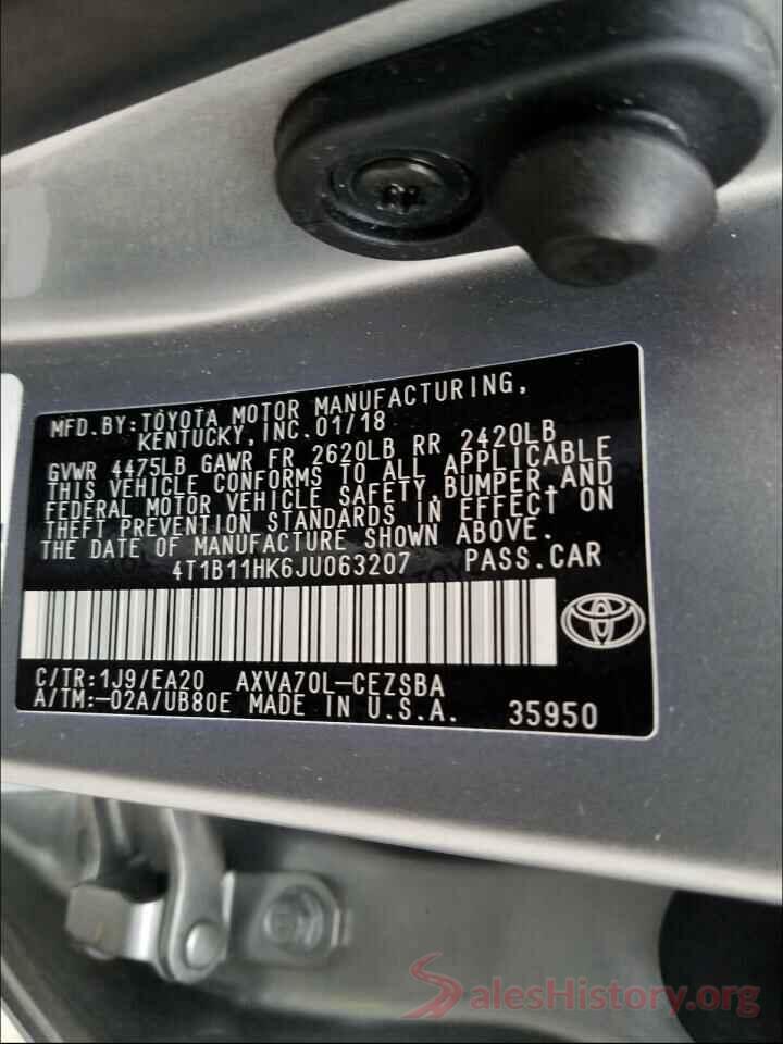 4T1B11HK6JU063207 2018 TOYOTA CAMRY