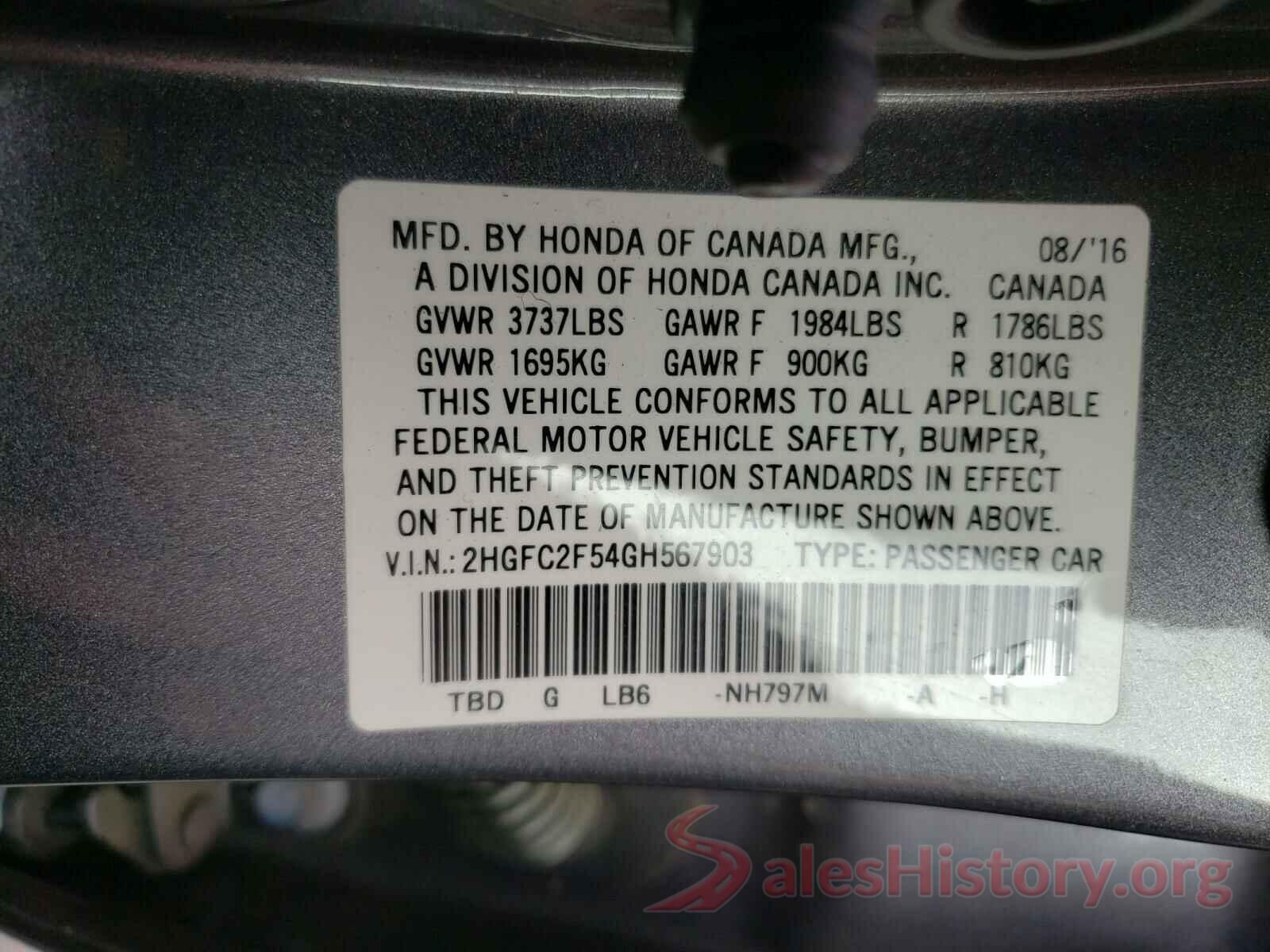 2HGFC2F54GH567903 2016 HONDA CIVIC