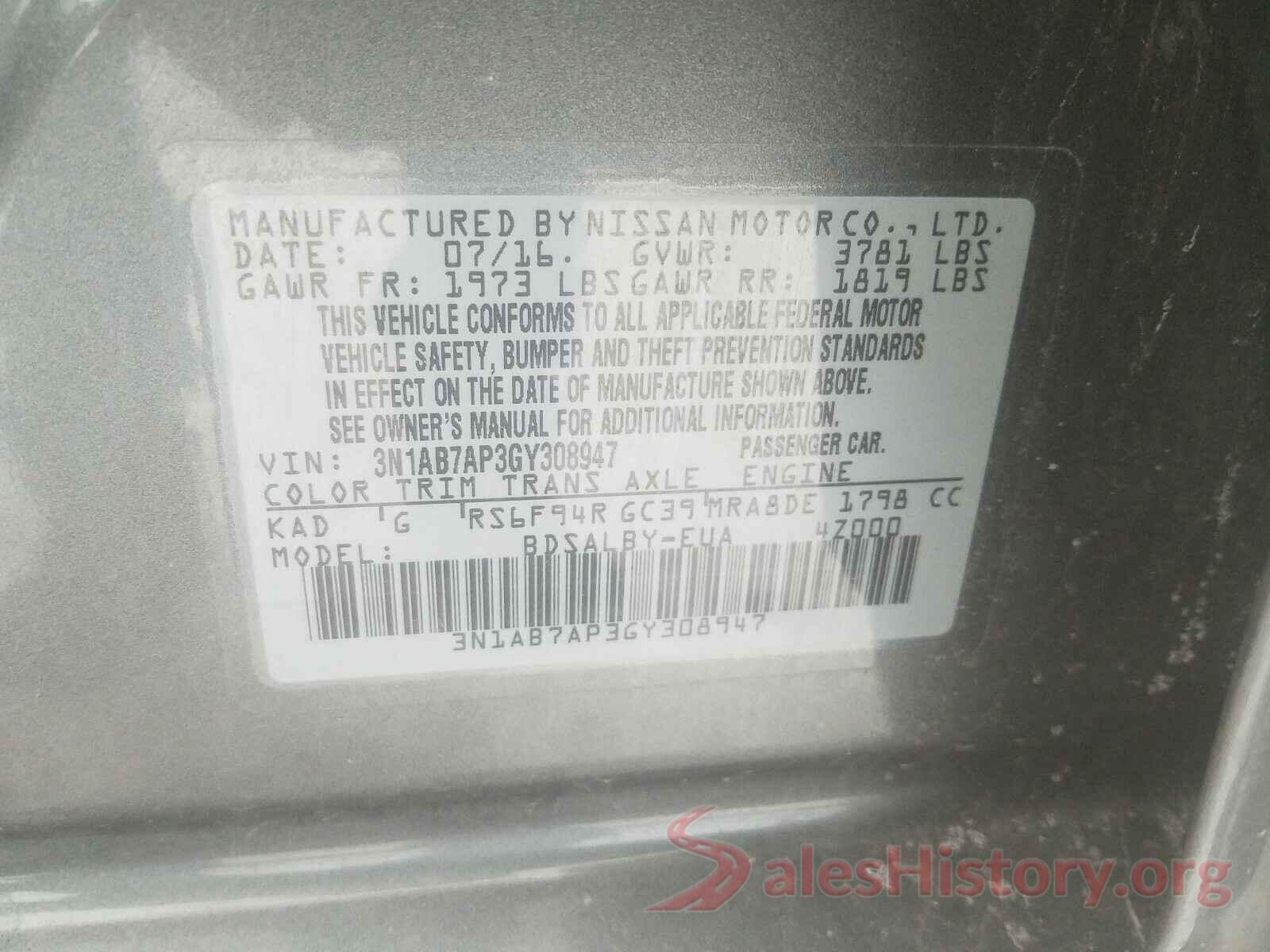 3N1AB7AP3GY308947 2016 NISSAN SENTRA