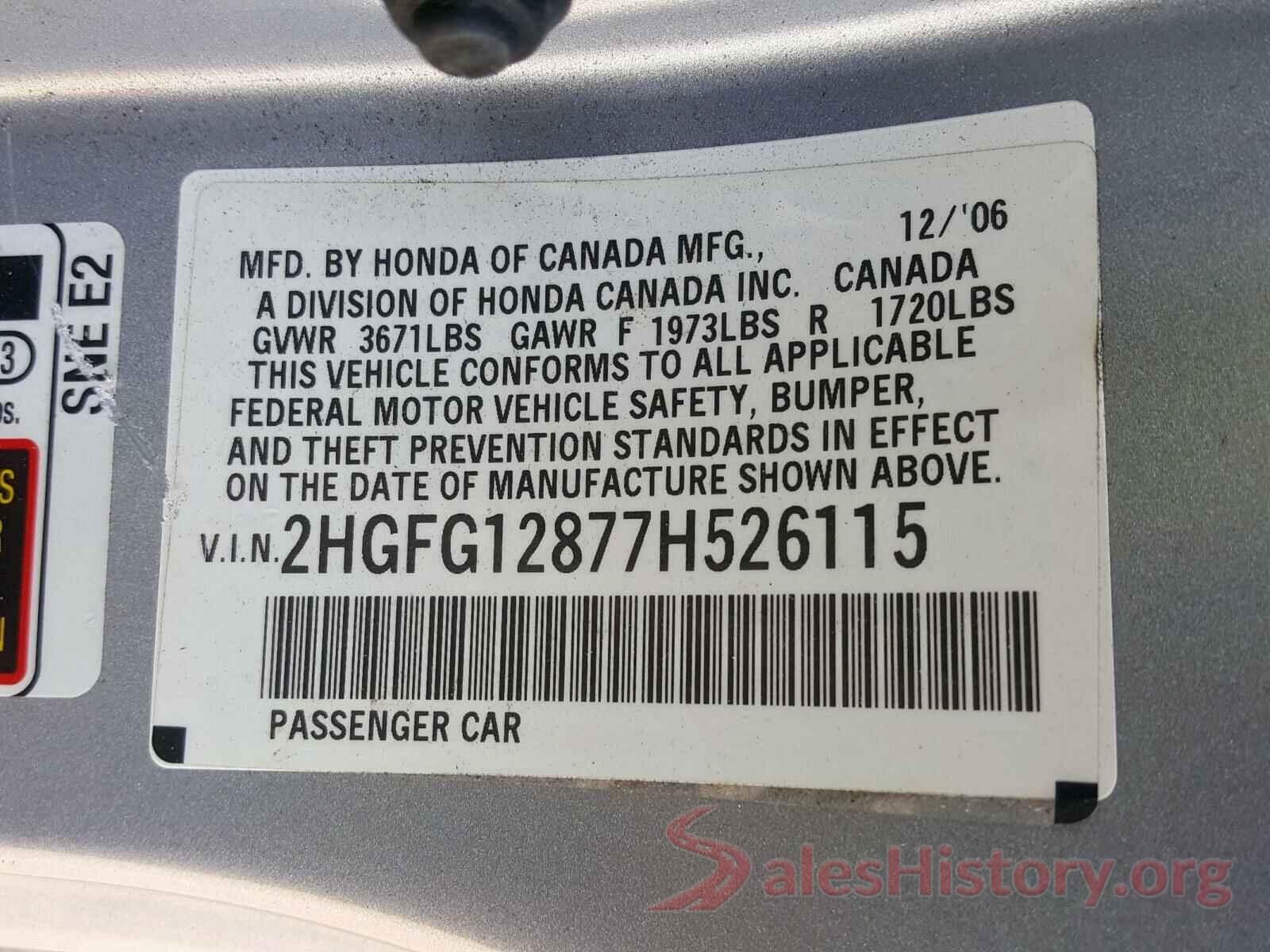 5J6RW1H93HL001694 2007 HONDA CIVIC