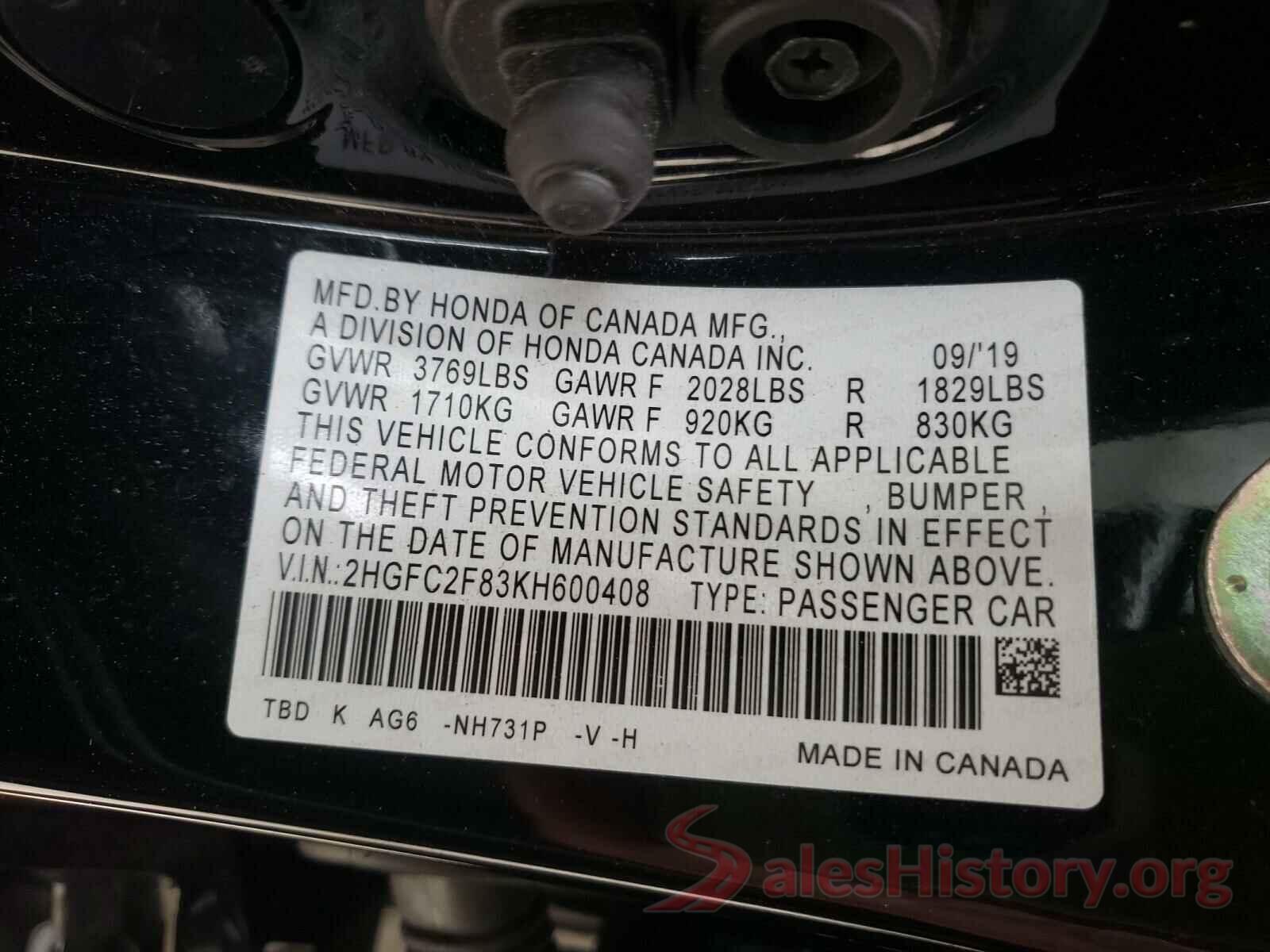 2HGFC2F83KH600408 2019 HONDA CIVIC