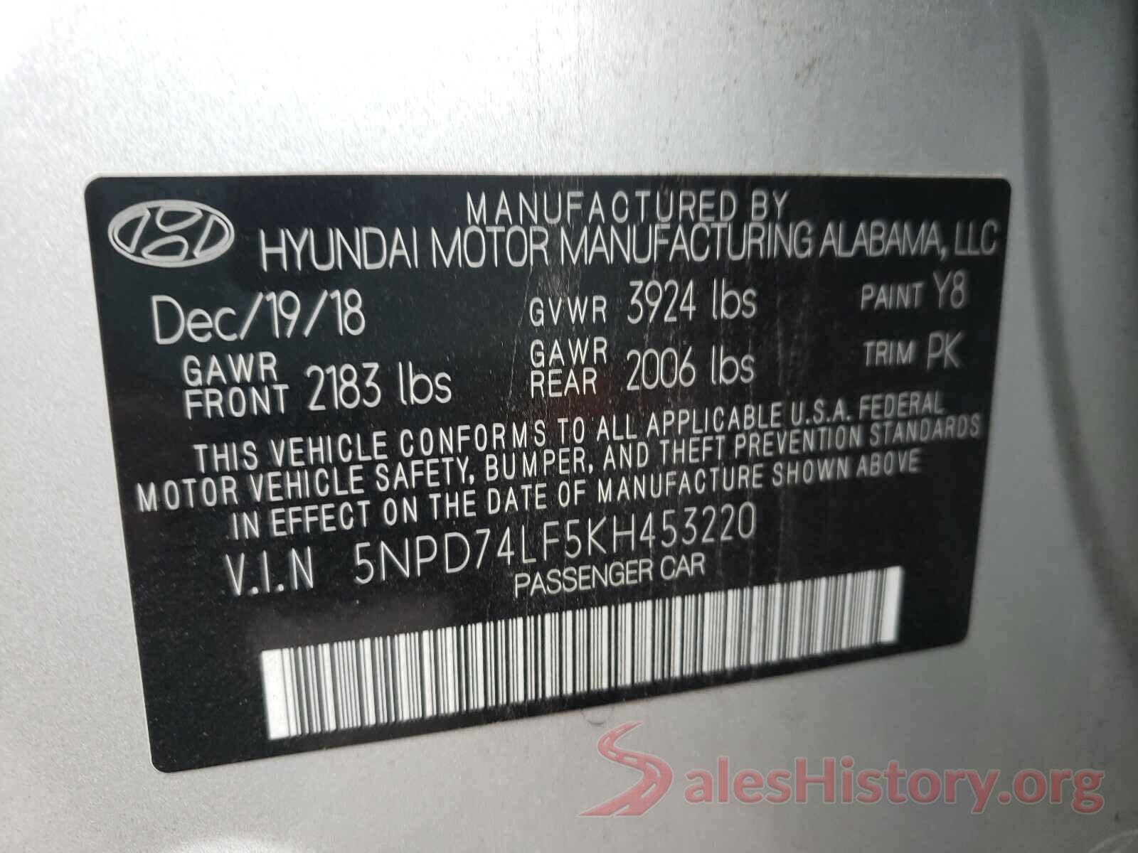 5NPD74LF5KH453220 2019 HYUNDAI ELANTRA